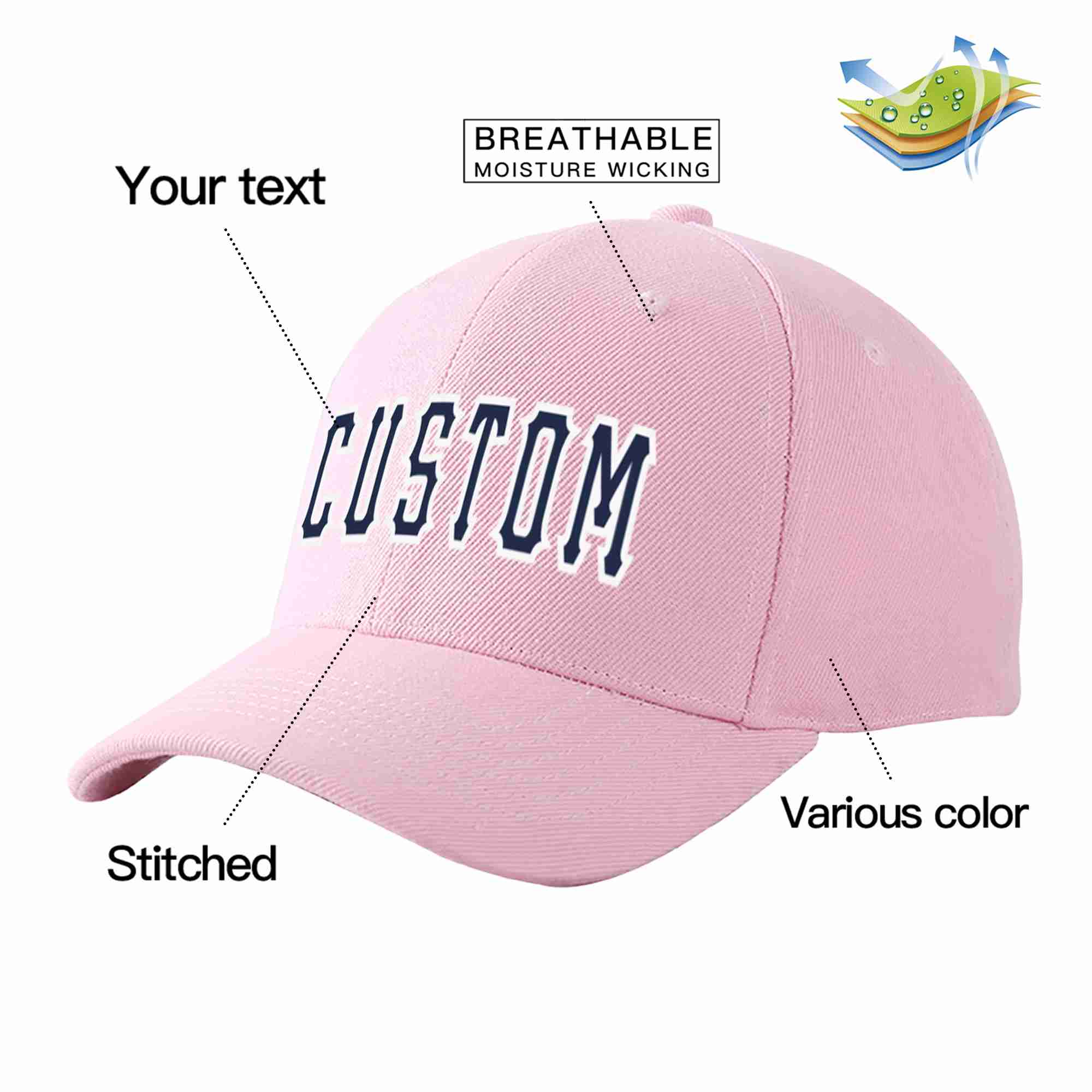 Conception personnalisée de casquette de baseball de sport incurvée rose marine-blanc pour hommes/femmes/jeunes