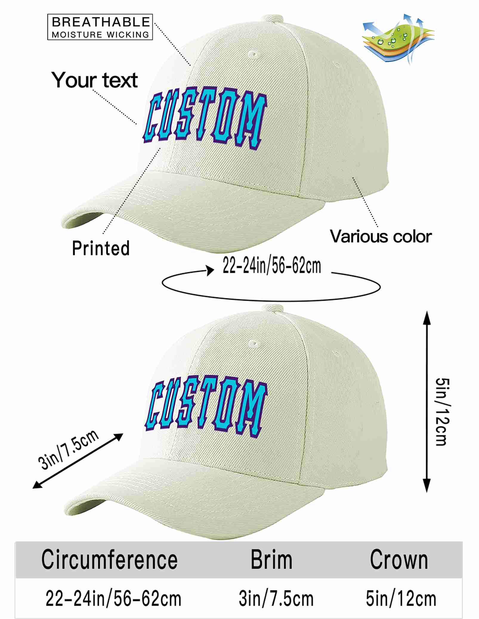 Custom Cream Light Blue-Purple Curved Eaves Sport Baseball Cap Design for Men/Women/Youth