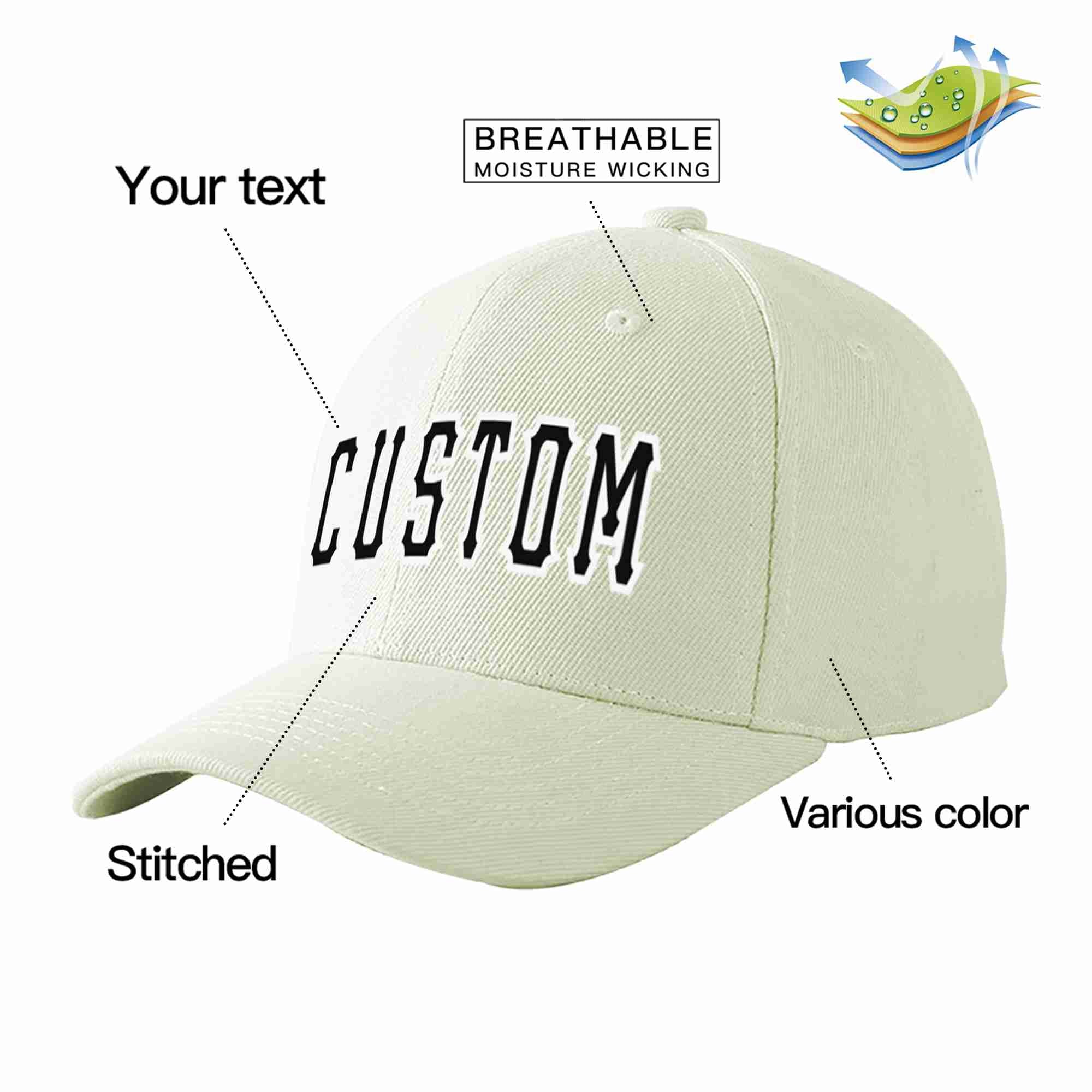 Conception personnalisée de casquette de baseball de sport incurvée noir-blanc crème pour hommes/femmes/jeunes