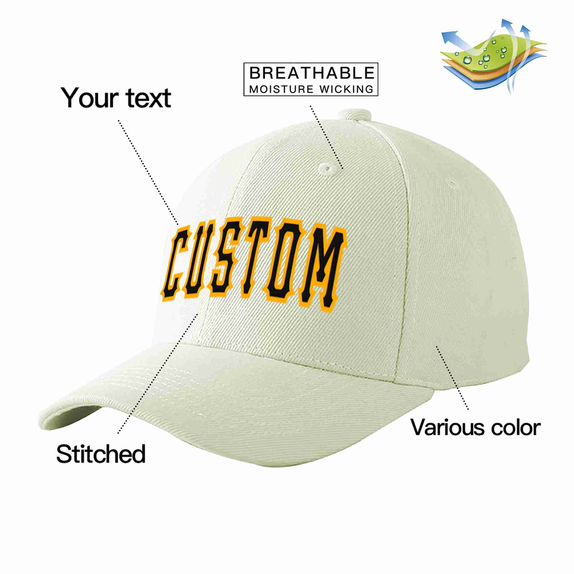 Custom Cream Black-Yellow Curved Eaves Sport Baseball Cap Design for Men/Women/Youth