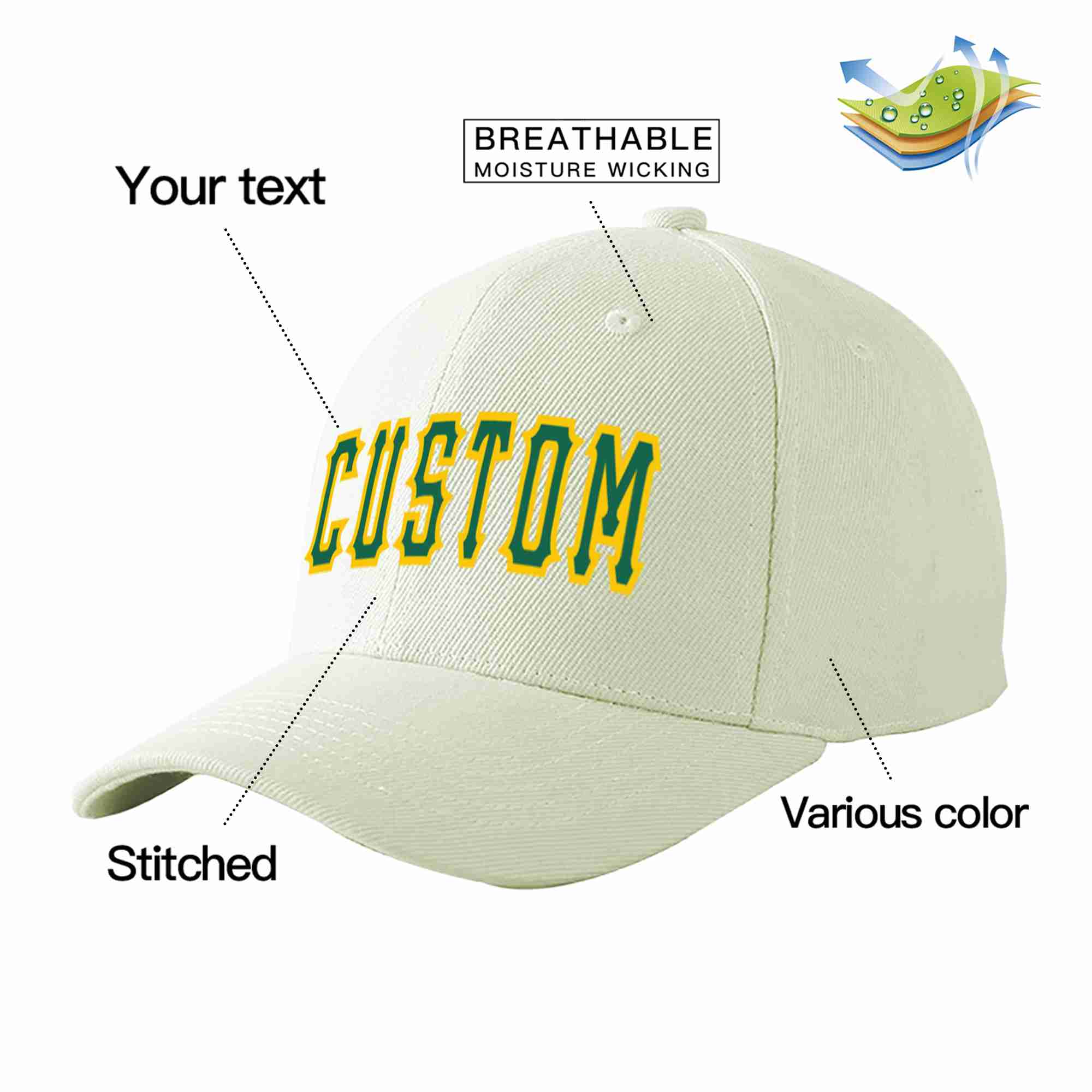 Custom Cream Kelly Green-Gold Curved Eaves Sport Baseball Cap Design for Men/Women/Youth