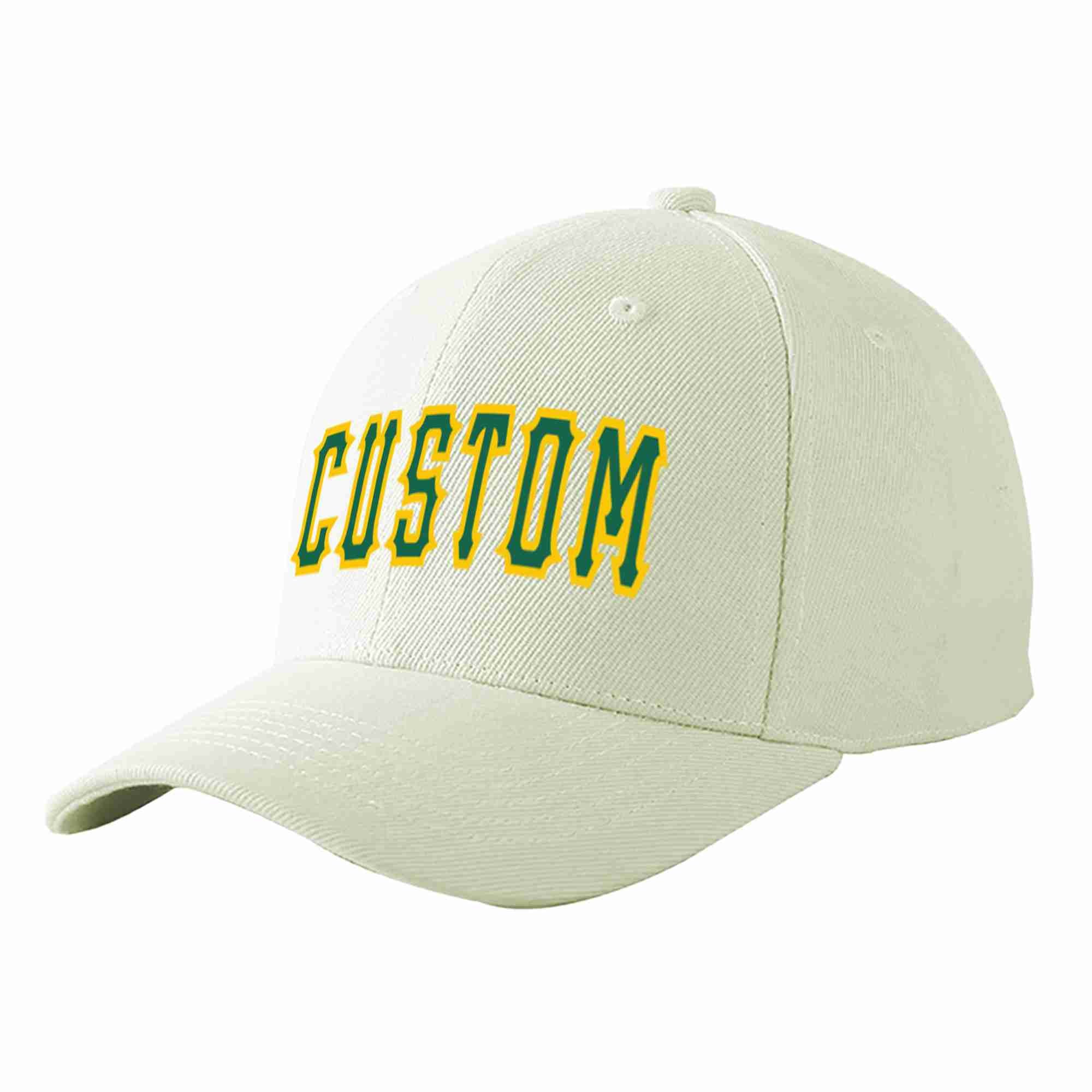 Custom Cream Kelly Green-Gold Curved Eaves Sport Baseball Cap Design for Men/Women/Youth