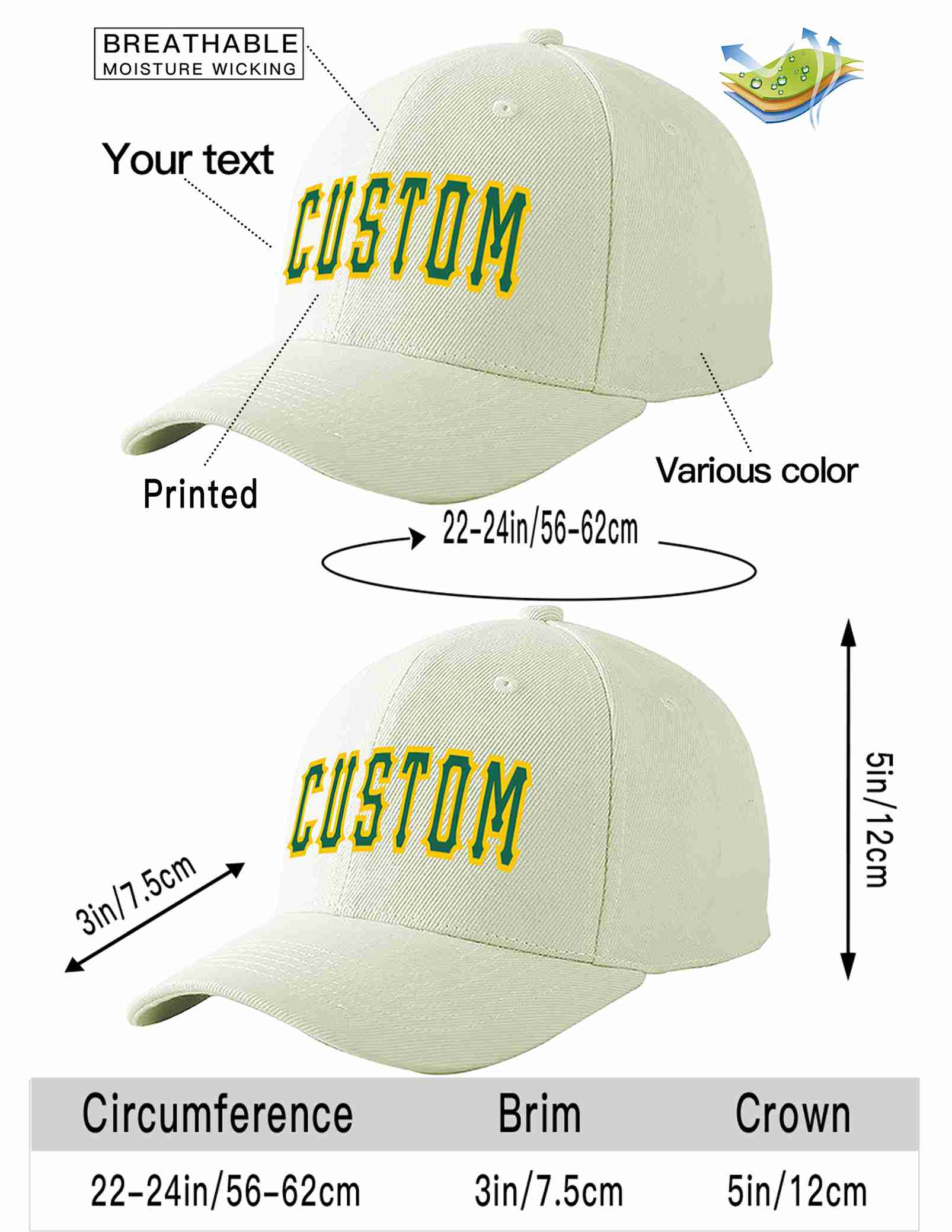 Custom Cream Kelly Green-Gold Curved Eaves Sport Baseball Cap Design for Men/Women/Youth