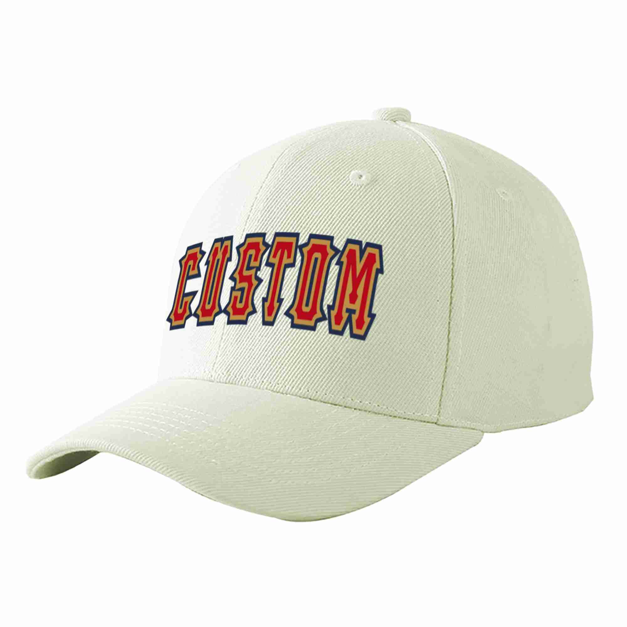 Conception personnalisée de casquette de baseball de sport à avant-toit incurvé rouge-vieil or crème pour hommes/femmes/jeunes