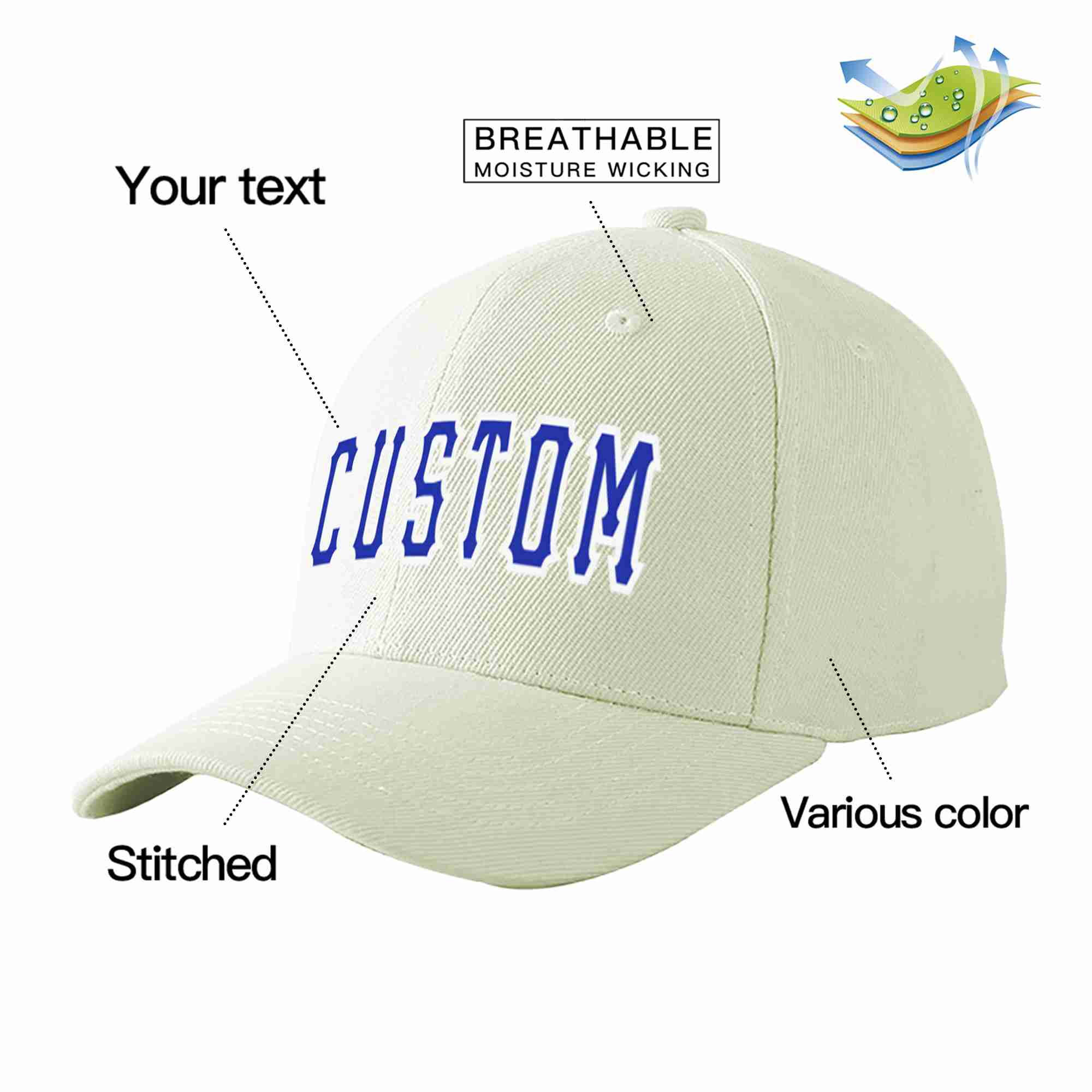 Conception personnalisée de casquette de baseball de sport incurvée blanc royal-blanc crème pour hommes/femmes/jeunes