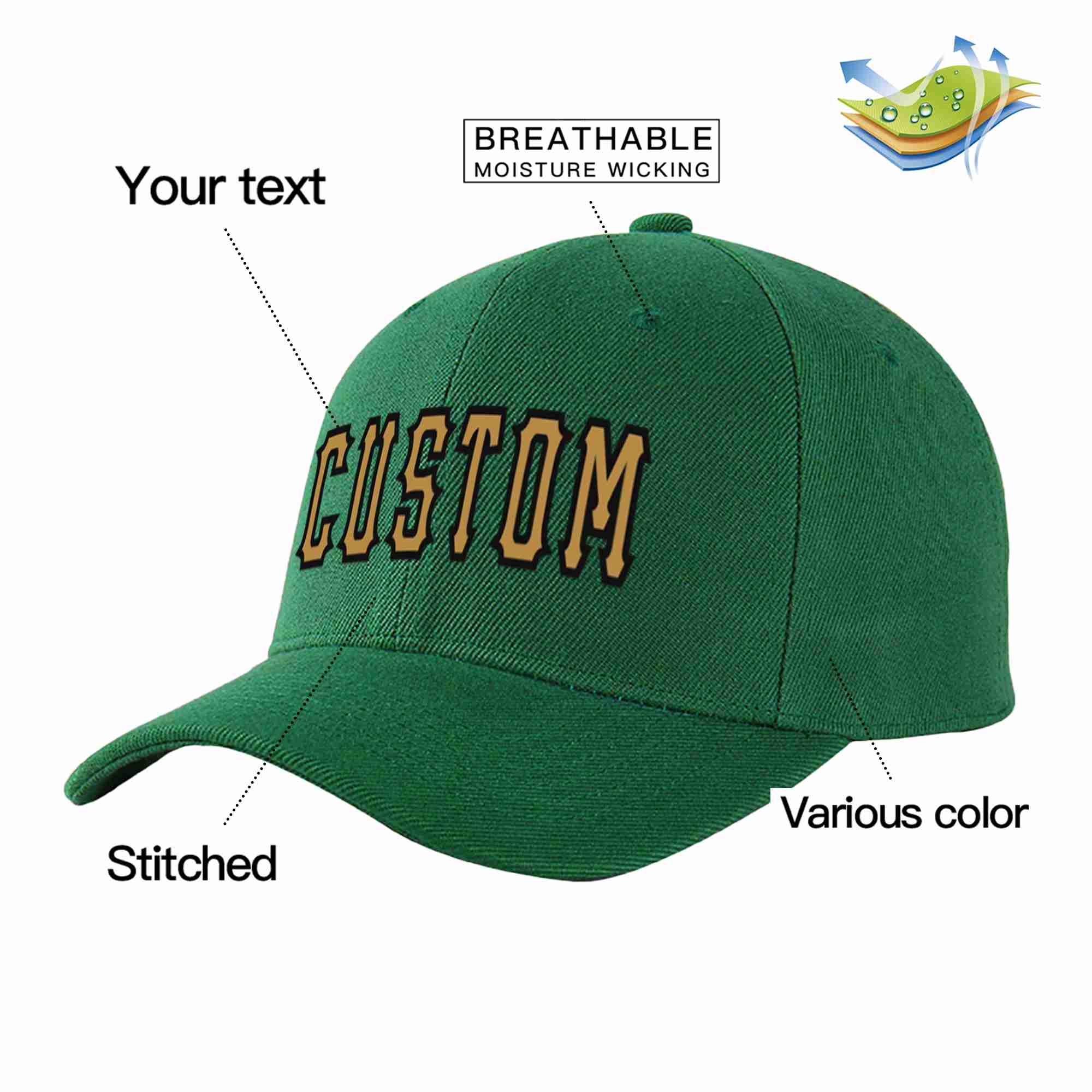 Custom Green Old Gold-Black Curved Eaves Sport Baseball Cap Design for Men/Women/Youth