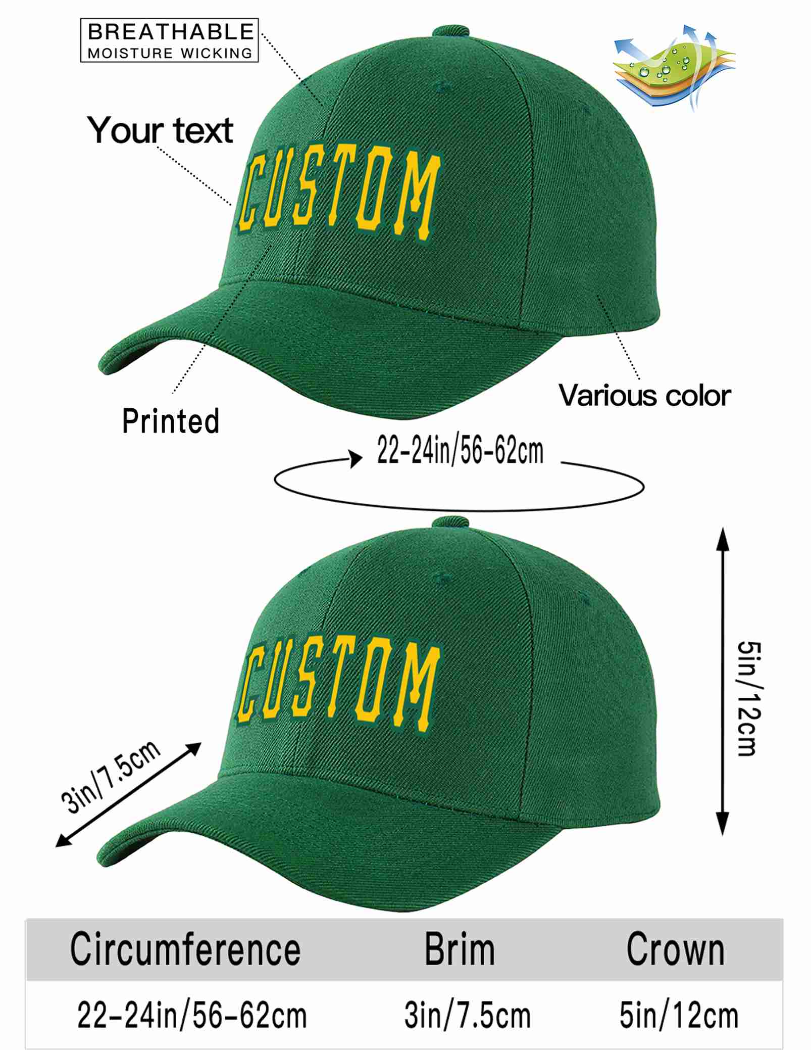 Conception personnalisée de casquette de baseball de sport à avant-toit incurvé vert Gold-Kelly Green pour hommes/femmes/jeunes