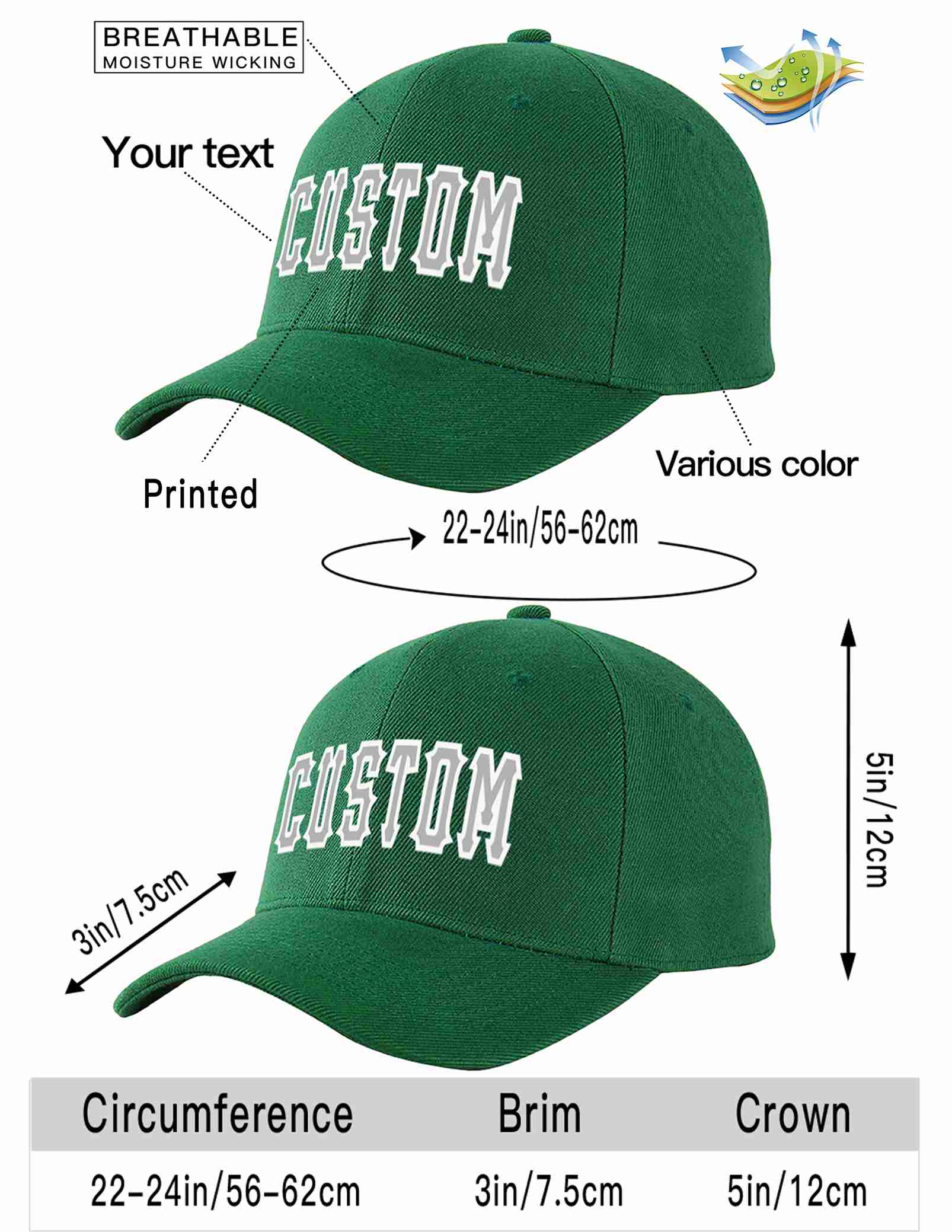 Custom Green Gray-White Curved Eaves Sport Baseball Cap Design for Men/Women/Youth