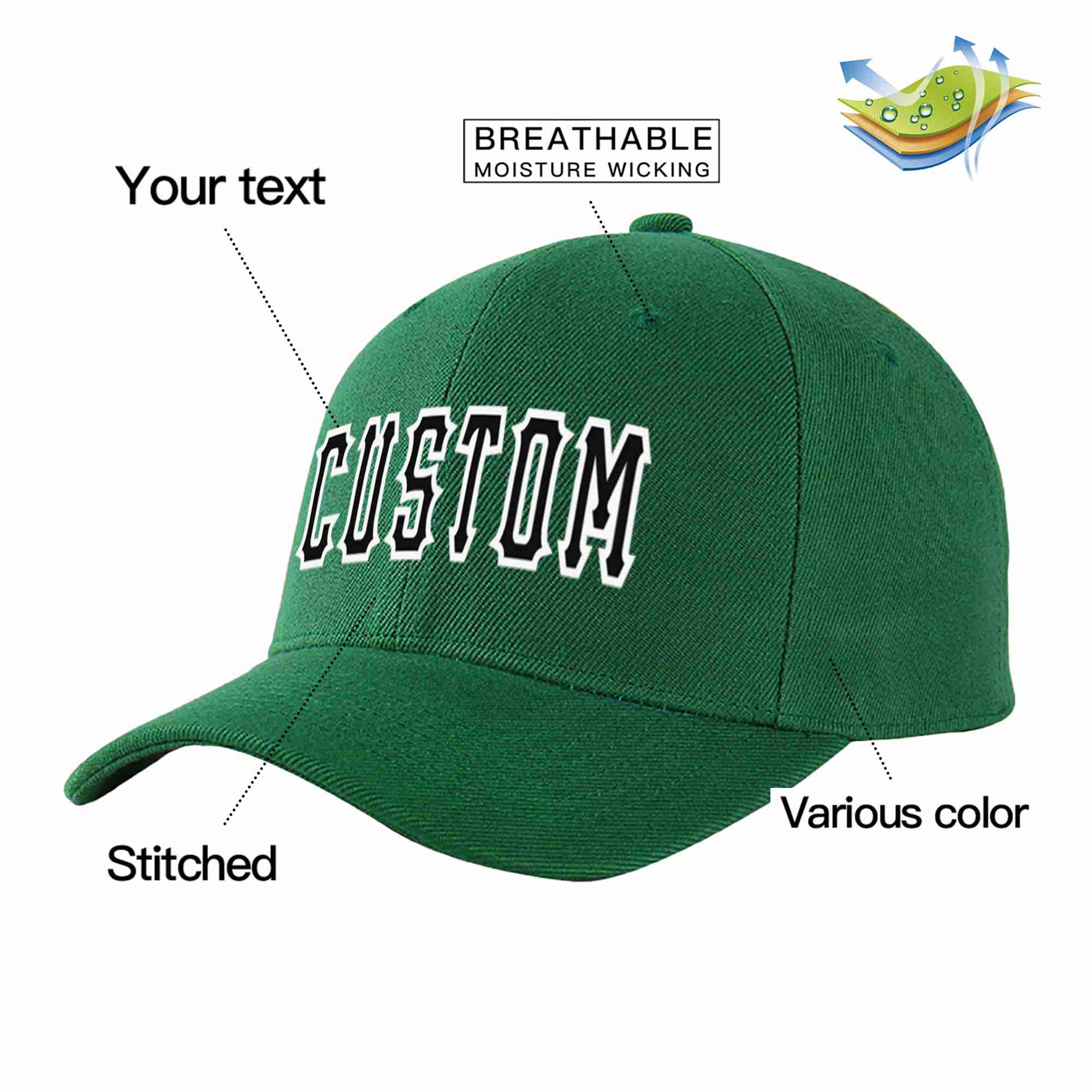 Custom Green Black-White Curved Eaves Sport Baseball Cap Design for Men/Women/Youth