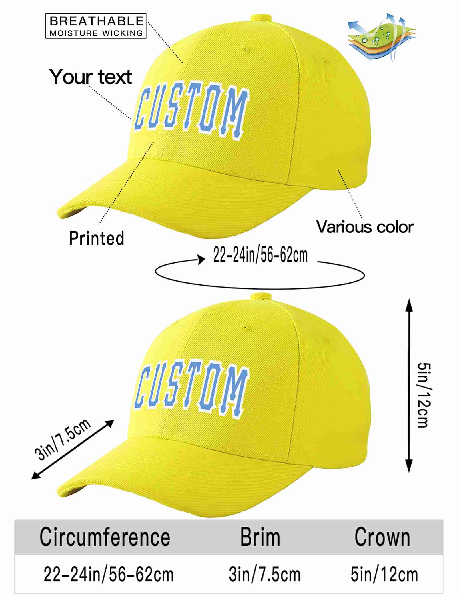 Conception personnalisée de casquette de baseball de sport incurvée jaune bleu clair-blanc pour hommes/femmes/jeunes