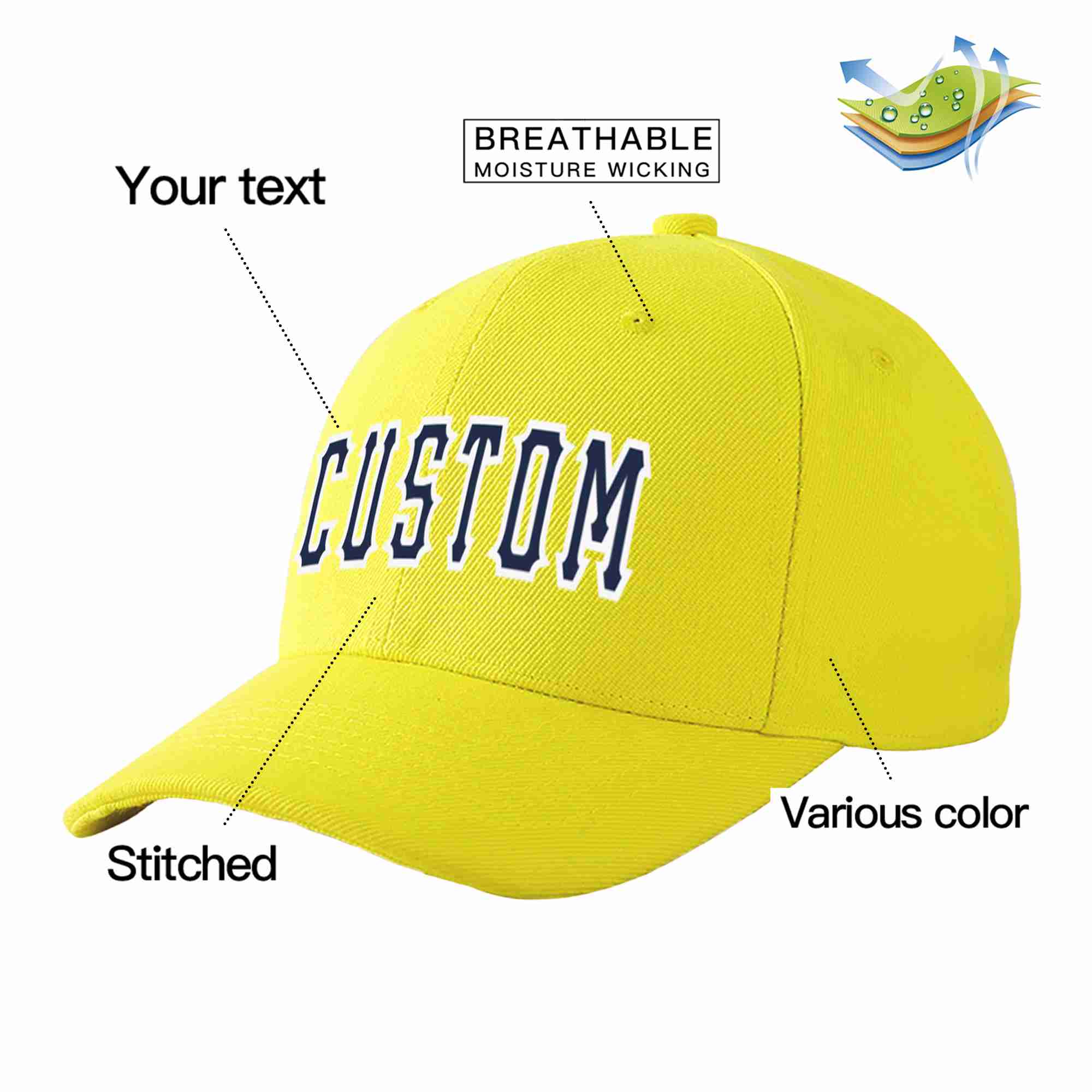 Custom Yellow Navy-White Curved Eaves Sport Baseball Cap Design for Men/Women/Youth