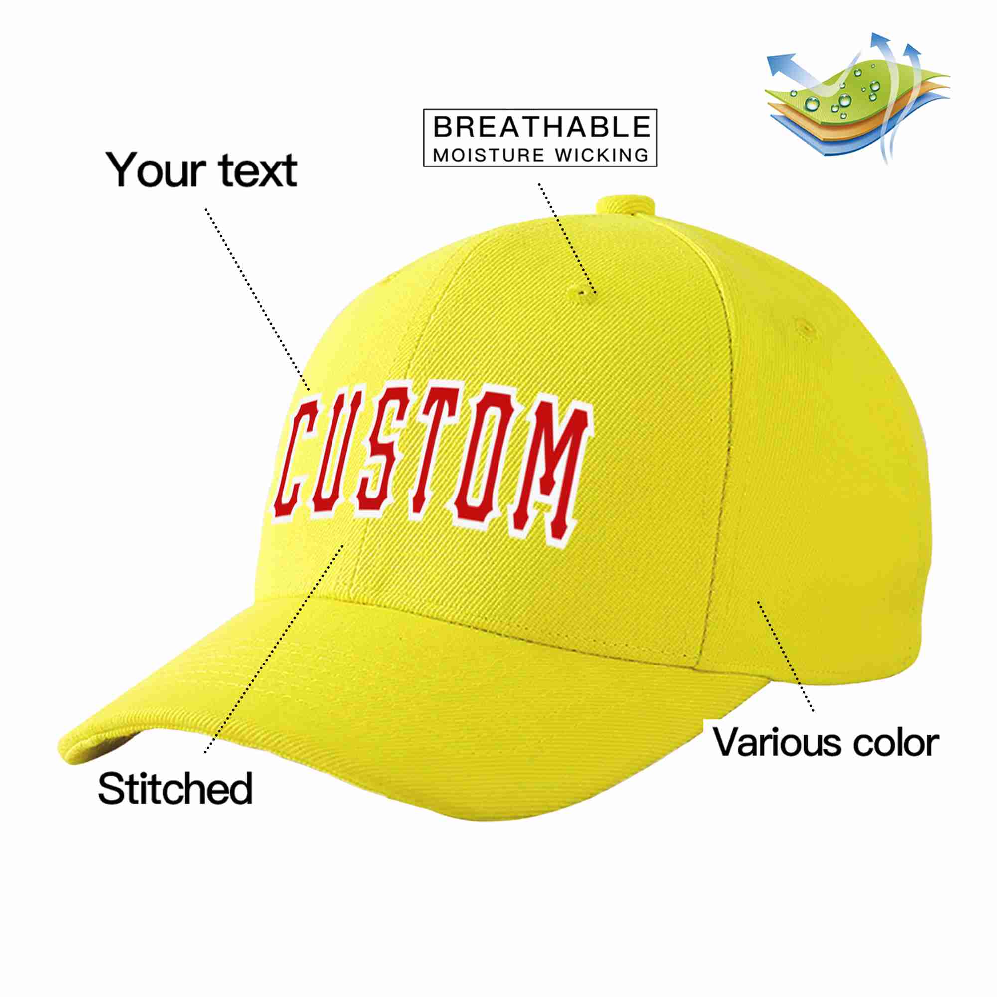 Conception personnalisée de casquette de baseball de sport incurvée jaune rouge-blanc pour hommes/femmes/jeunes