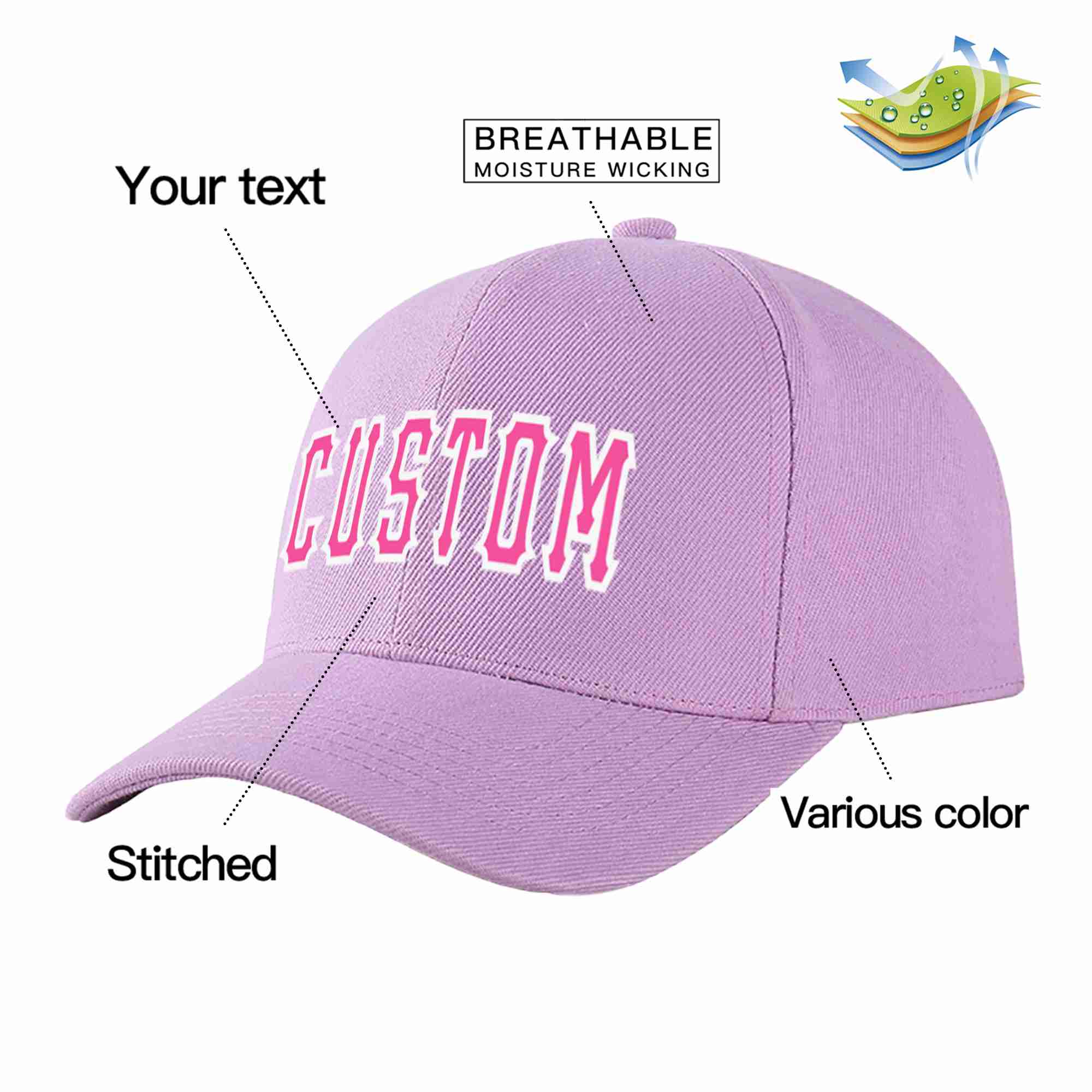 Conception personnalisée de casquette de baseball de sport incurvée violet clair rose-blanc pour hommes/femmes/jeunes