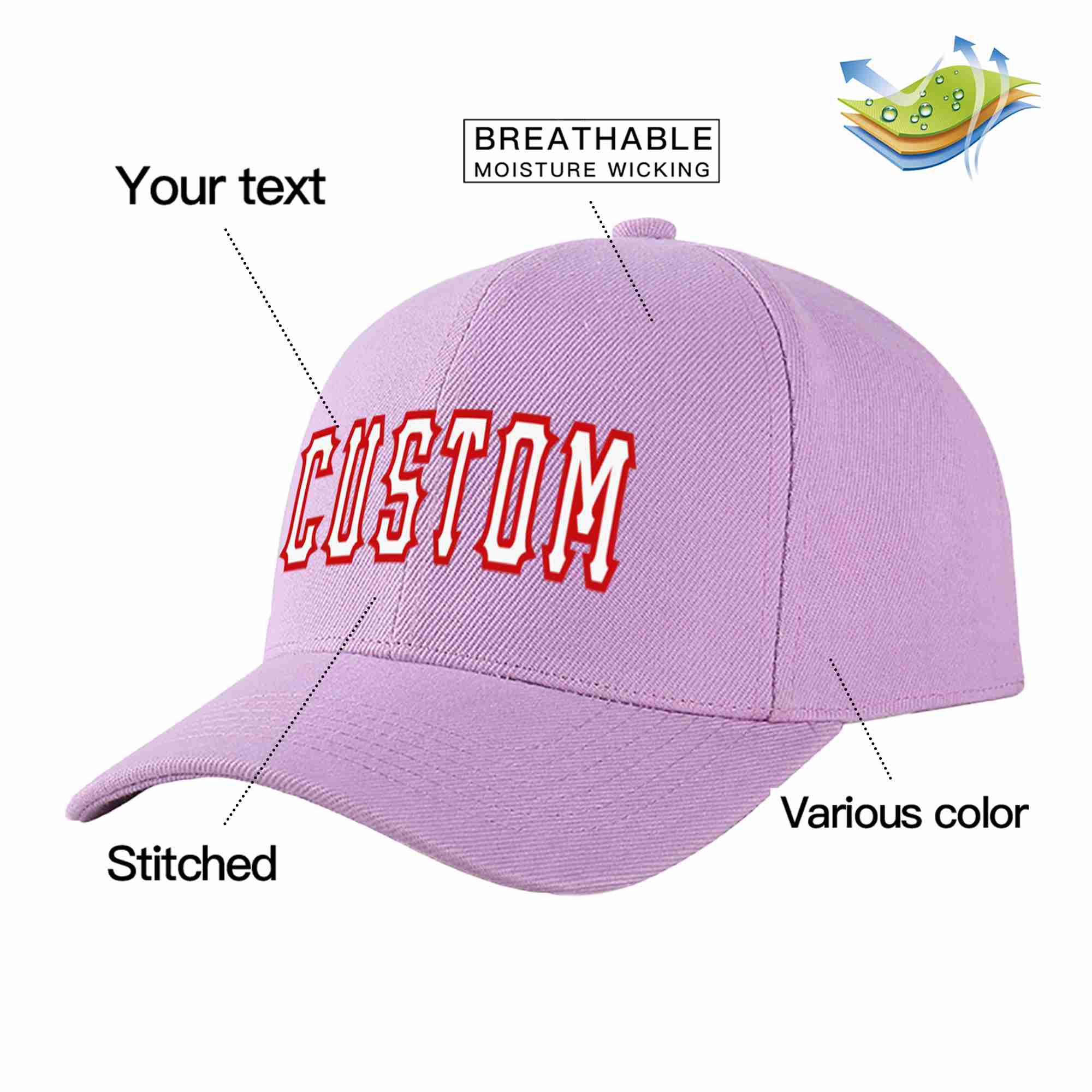 Custom Light Purple White-Red Curved Eaves Sport Baseball Cap Design for Men/Women/Youth