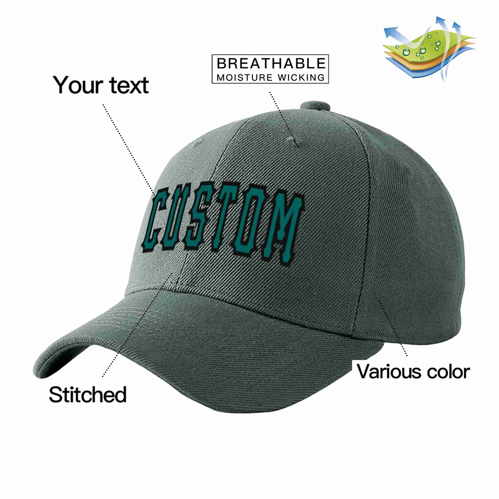 Custom Dark Gray Aqua-Black Curved Eaves Sport Baseball Cap Design for Men/Women/Youth