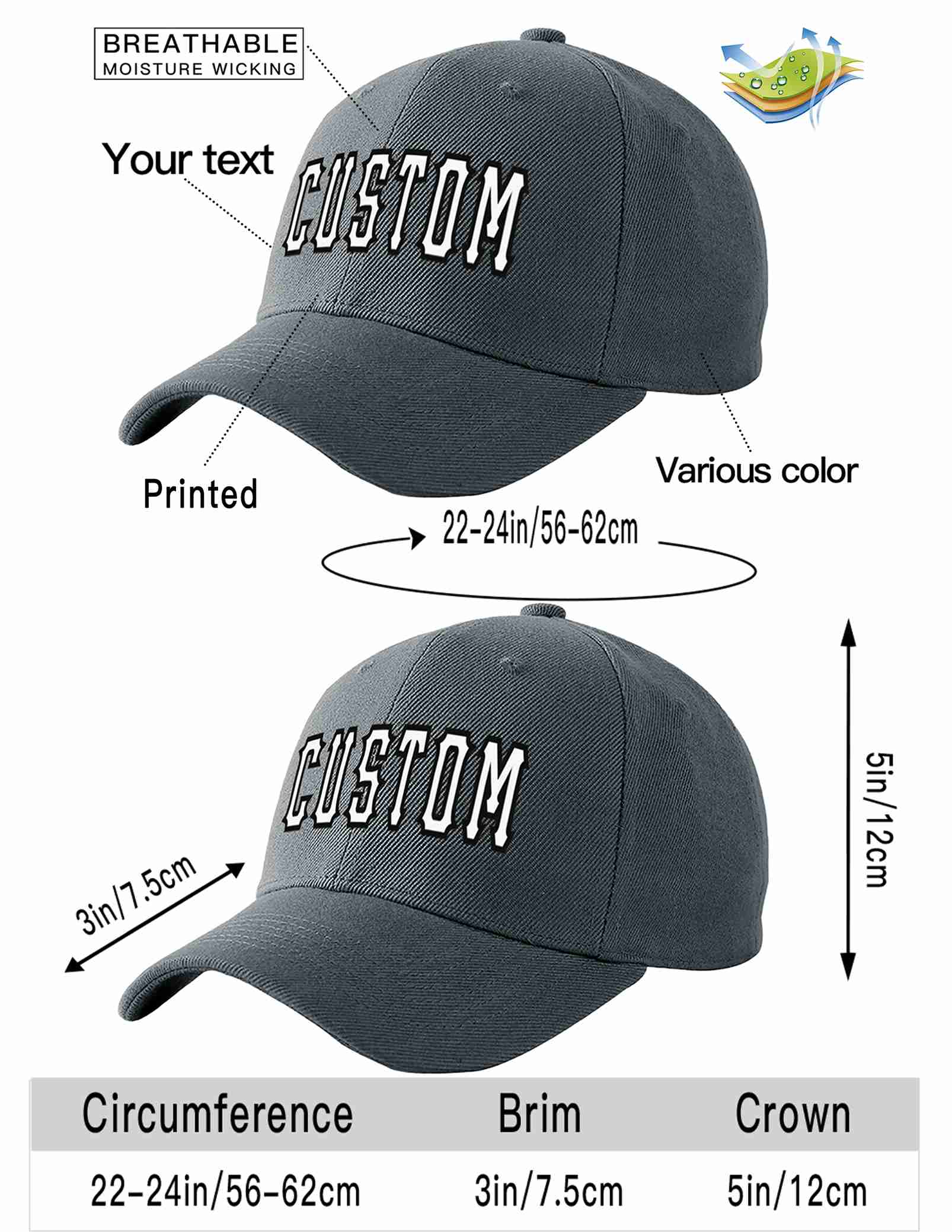 Custom Dark Gray White-Black Curved Eaves Sport Baseball Cap Design for Men/Women/Youth