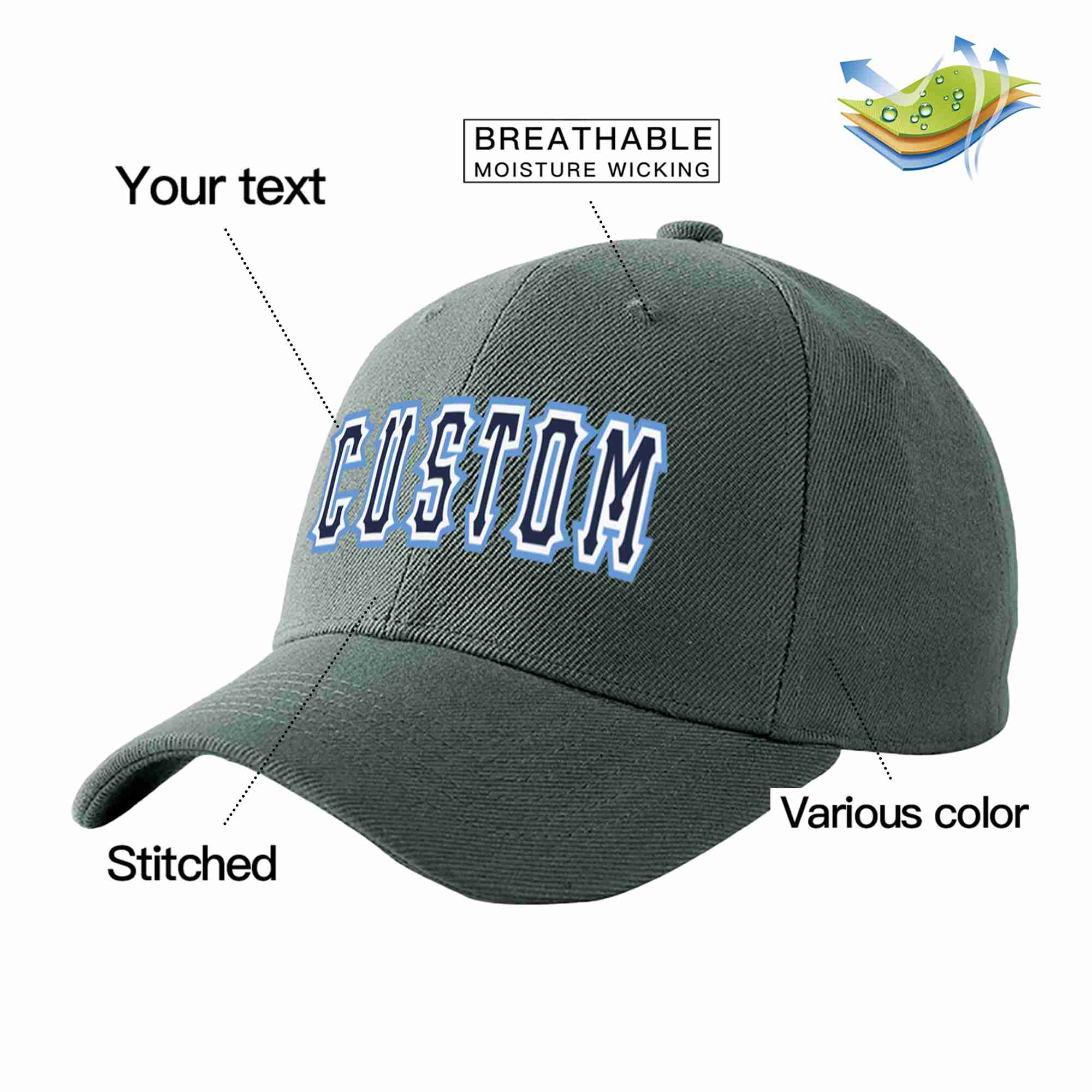 Custom Dark Gray Navy-White Curved Eaves Sport Baseball Cap Design for Men/Women/Youth