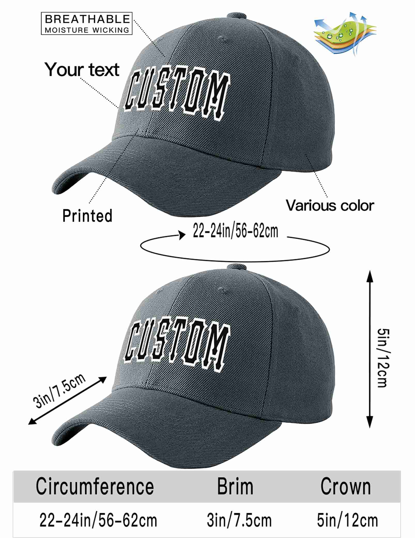 Custom Dark Gray Black-White Curved Eaves Sport Baseball Cap Design for Men/Women/Youth