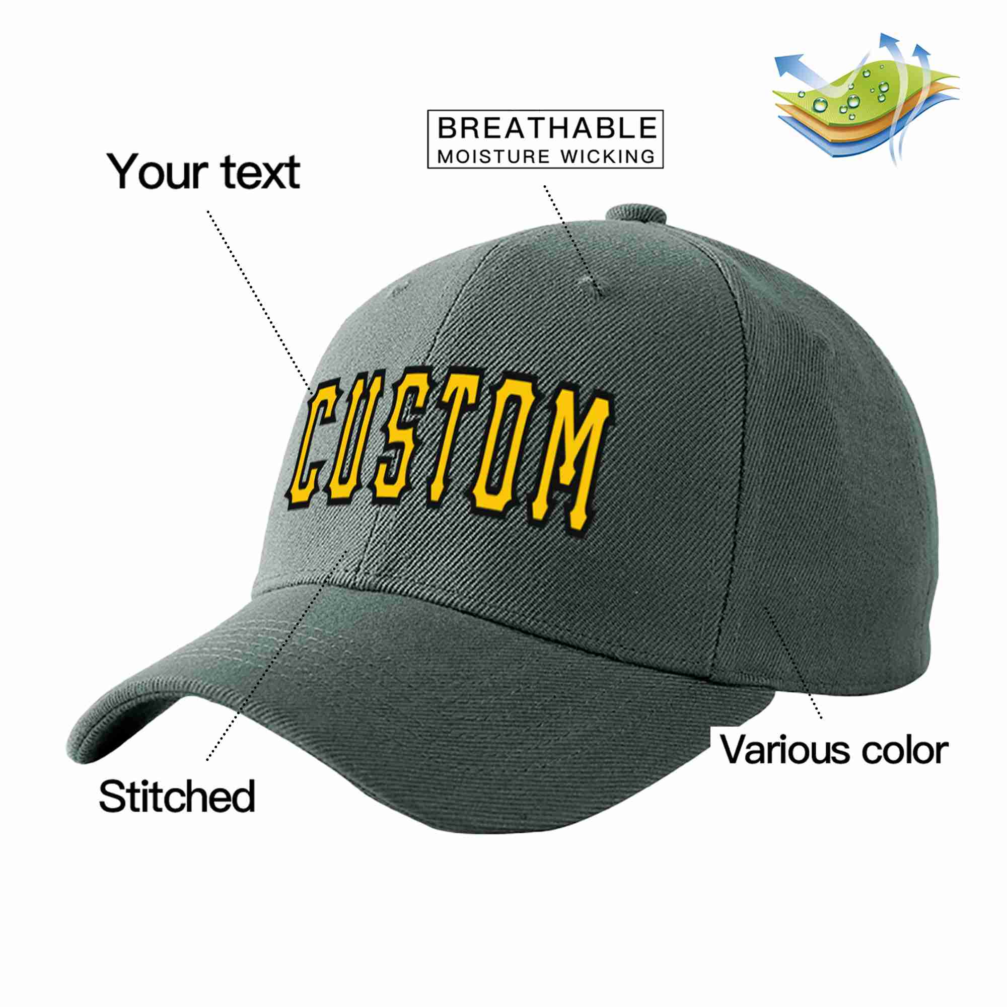 Conception personnalisée de casquette de baseball de sport incurvée gris foncé or-noir pour hommes/femmes/jeunes