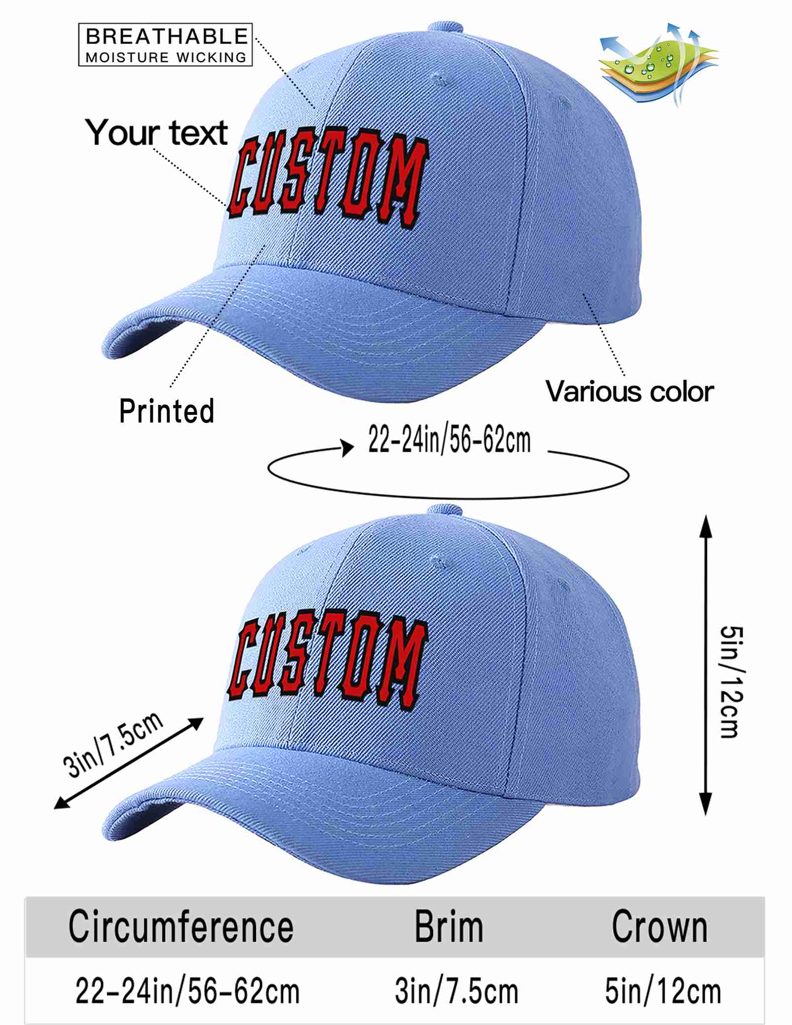 Custom Sky Blue Red-Black Curved Eaves Sport Baseball Cap Design for Men/Women/Youth