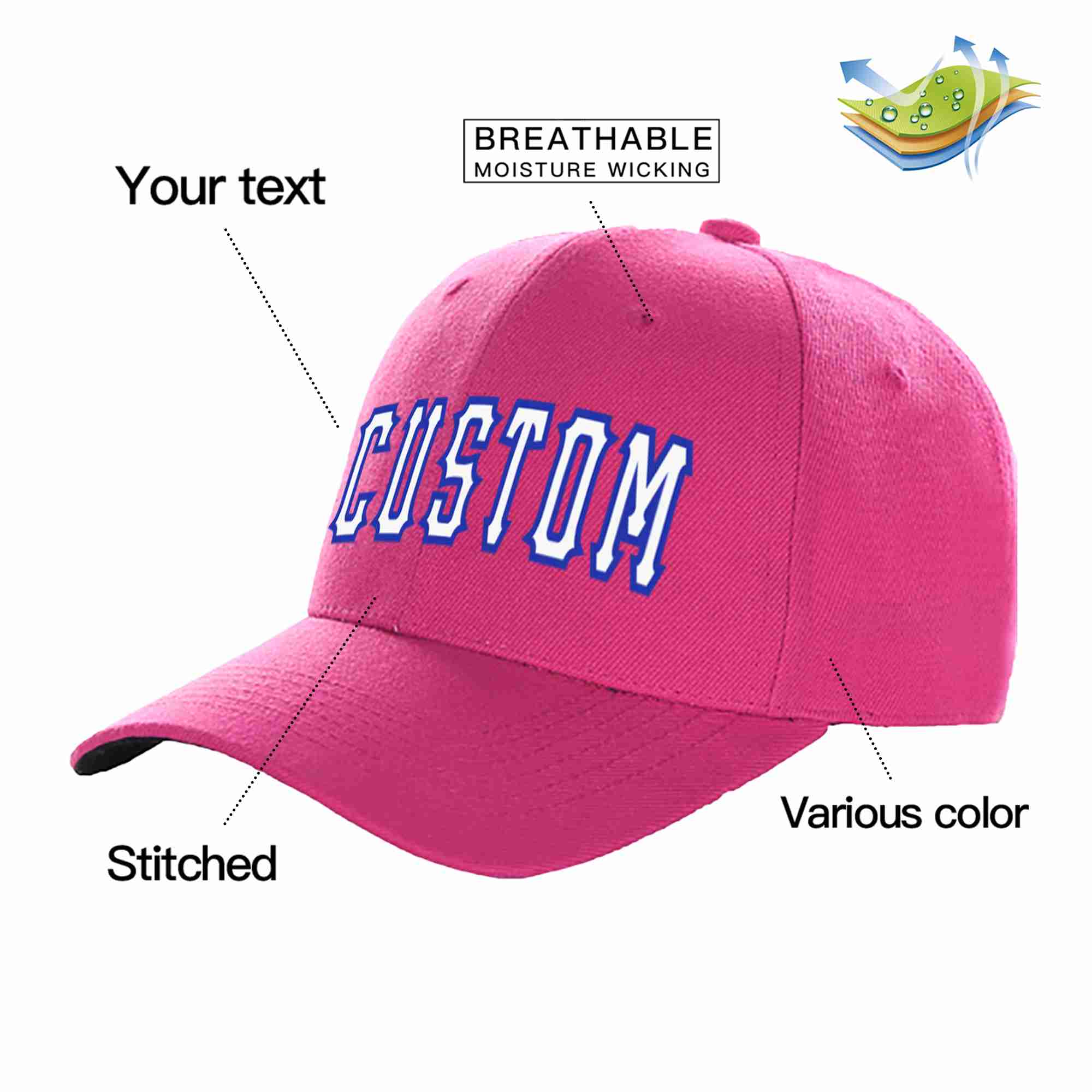 Casquette de baseball de sport incurvée personnalisée Rose rouge blanc-royal pour hommes/femmes/jeunes