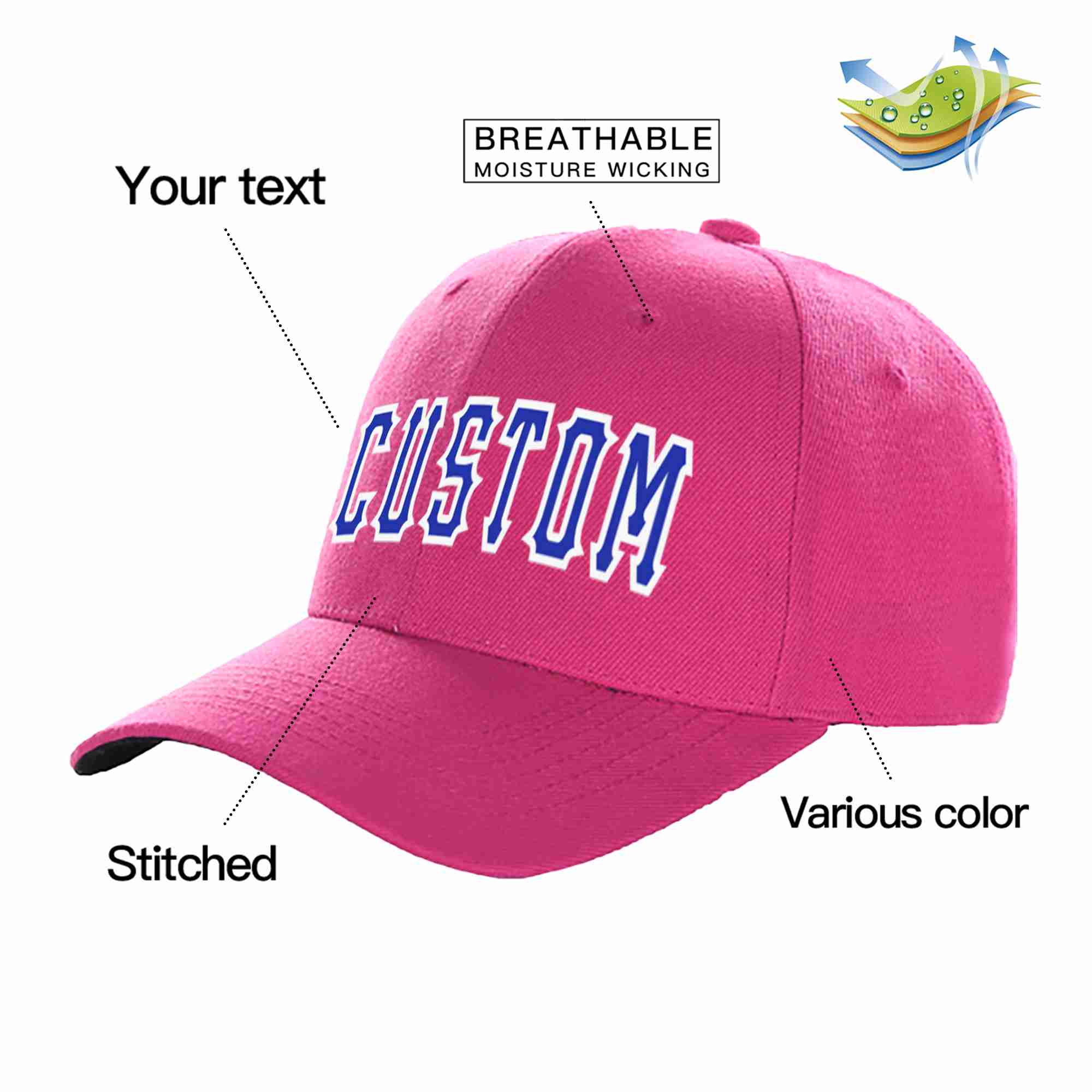 Casquette de baseball de sport incurvée personnalisée Rose rouge Royal-blanc pour hommes/femmes/jeunes