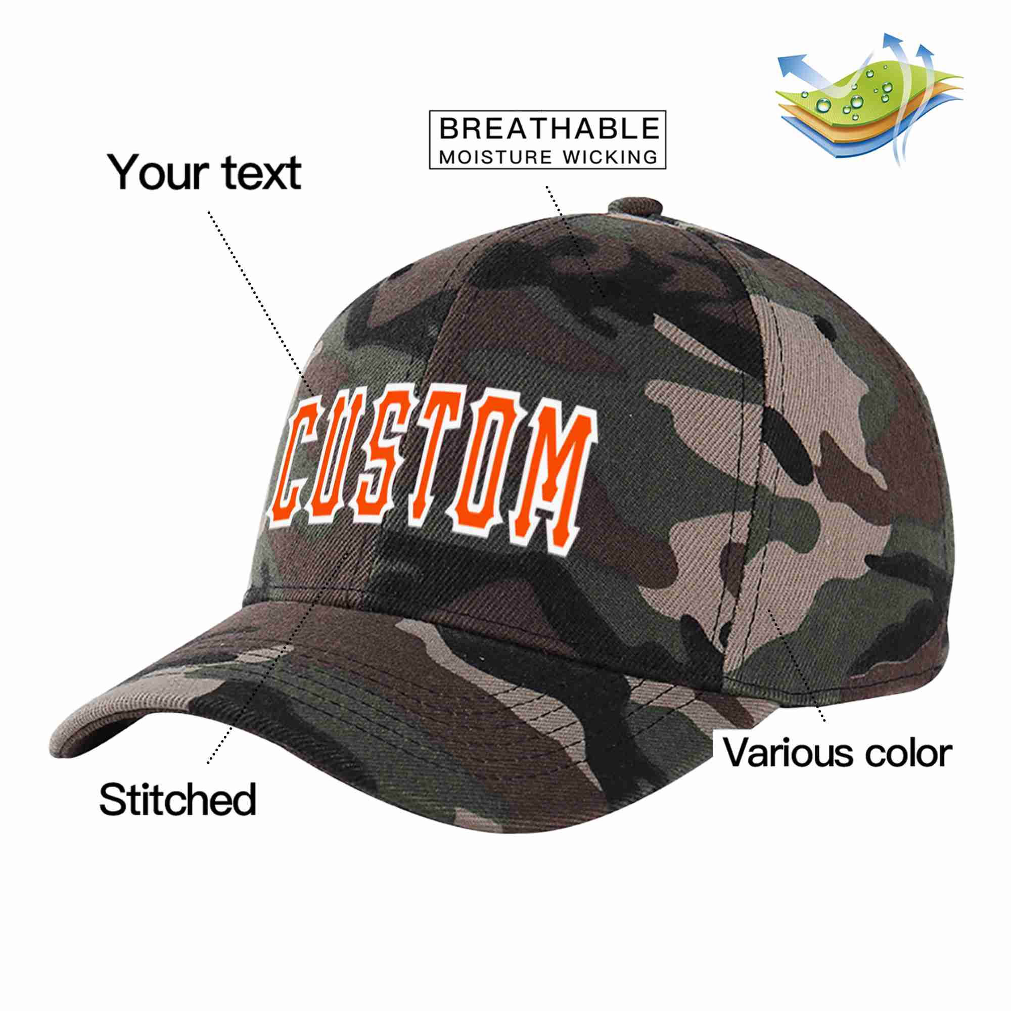 Custom Camo Orange-White Curved Eaves Sport Baseball Cap Design for Men/Women/Youth