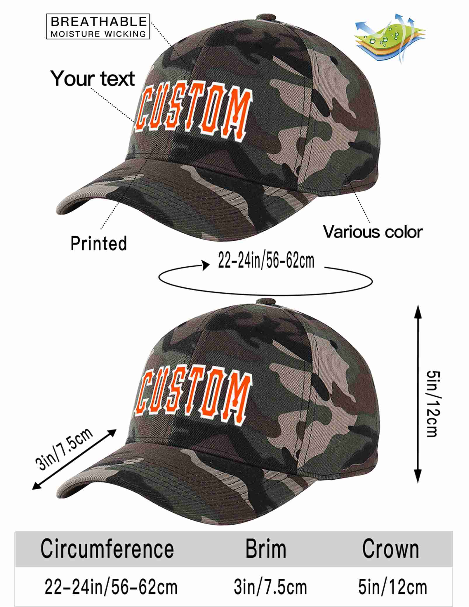 Custom Camo Orange-White Curved Eaves Sport Baseball Cap Design for Men/Women/Youth