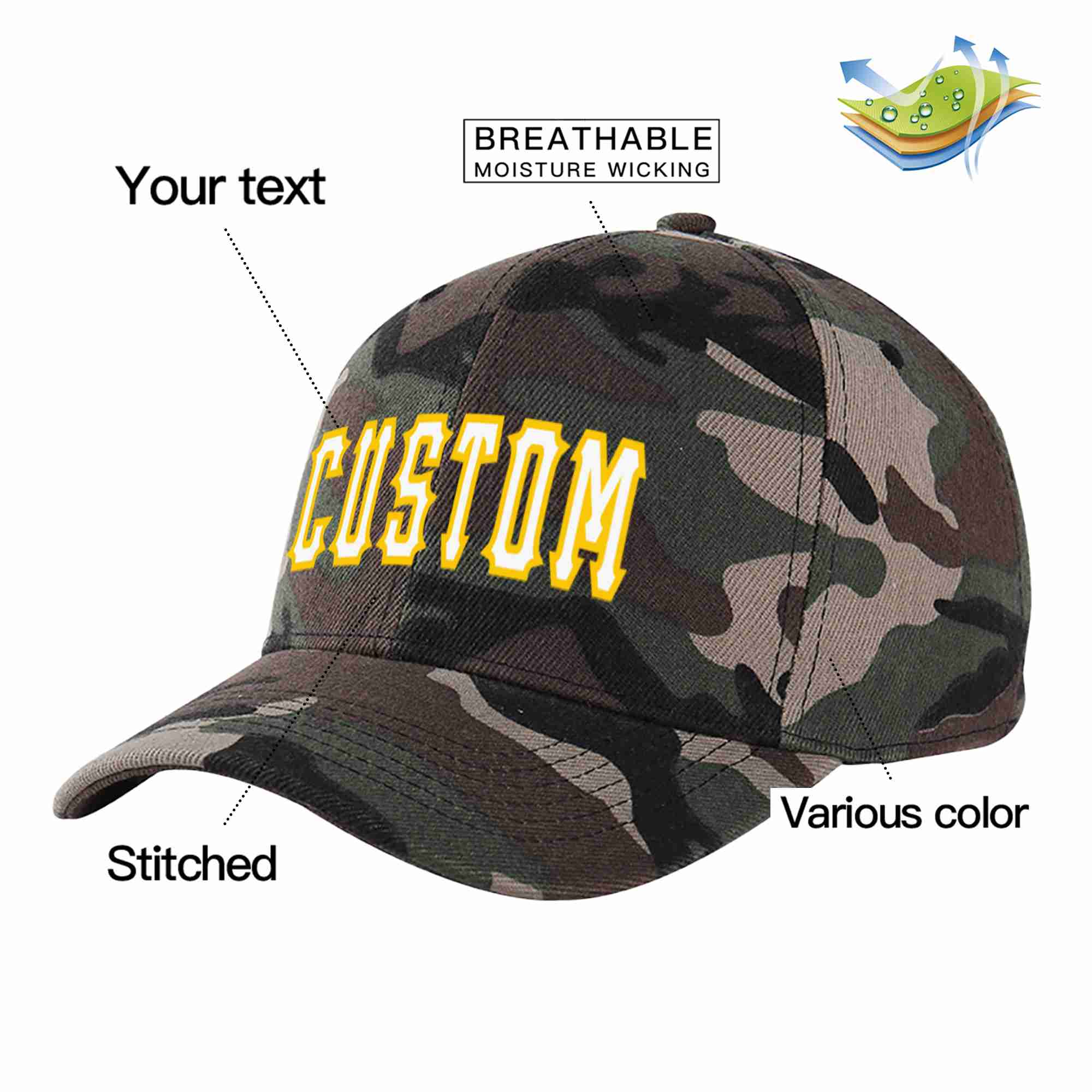 Custom Camo White-Gold Curved Eaves Sport Baseball Cap Design for Men/Women/Youth