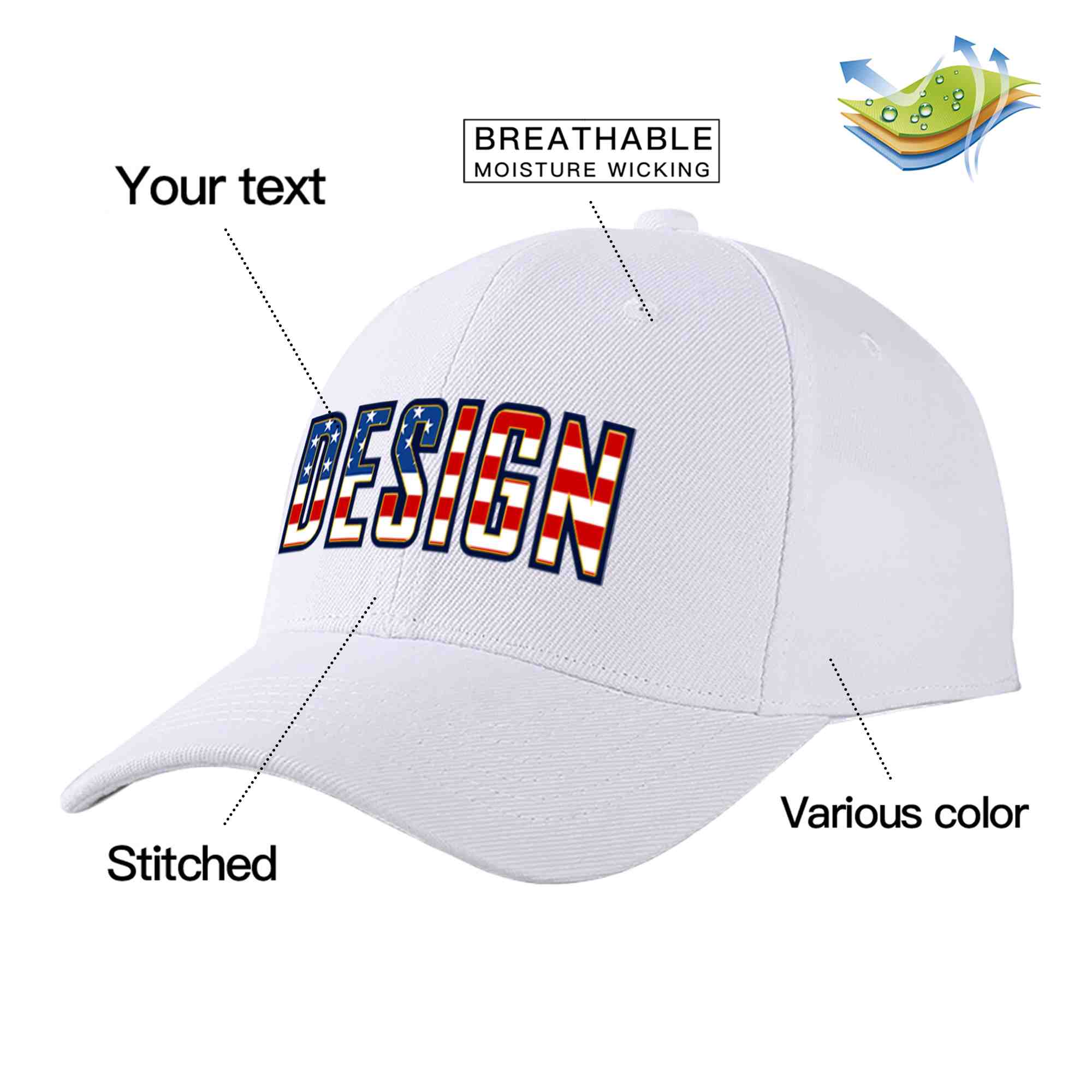 Casquette de baseball personnalisée avec drapeau américain vintage, design sportif, avec avant-toit incurvé doré, blanc