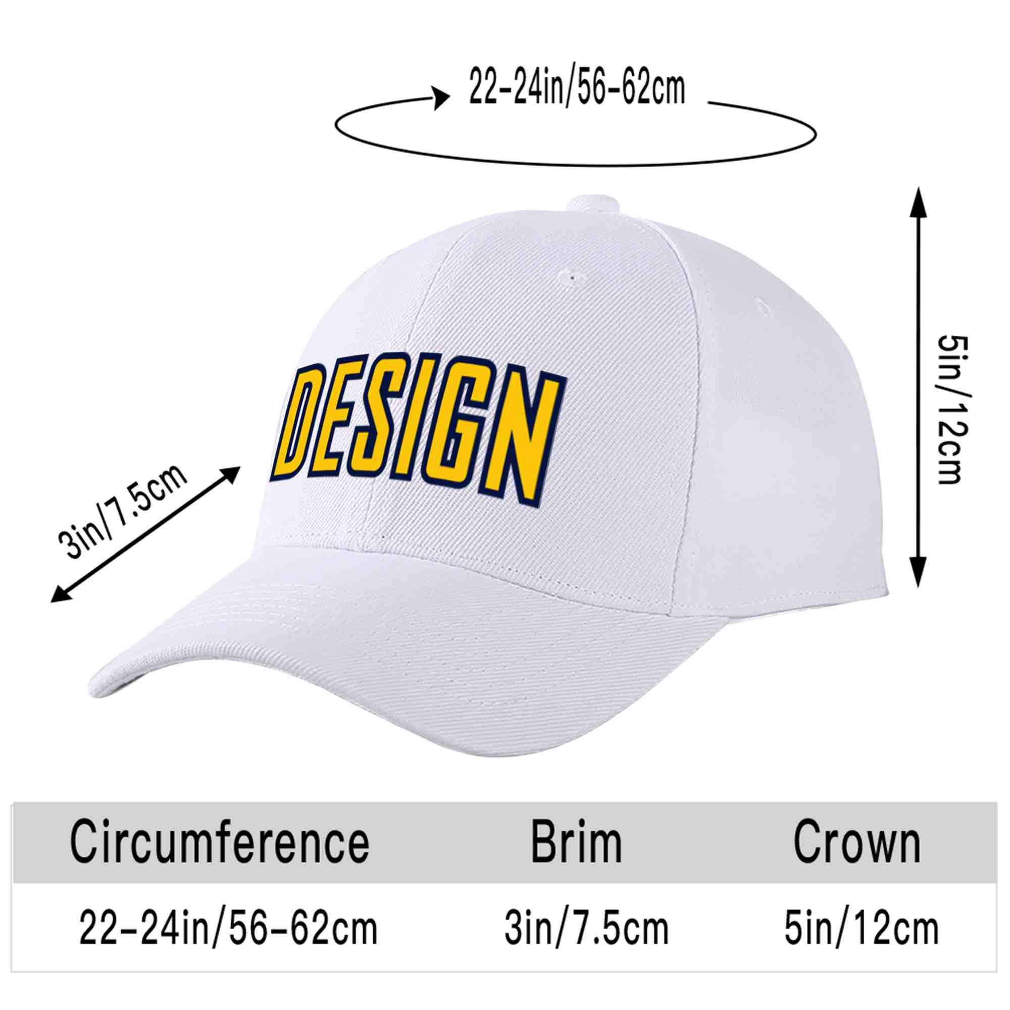 Custom White Yellow-Navy Curved Eaves Sport Design Baseball Cap