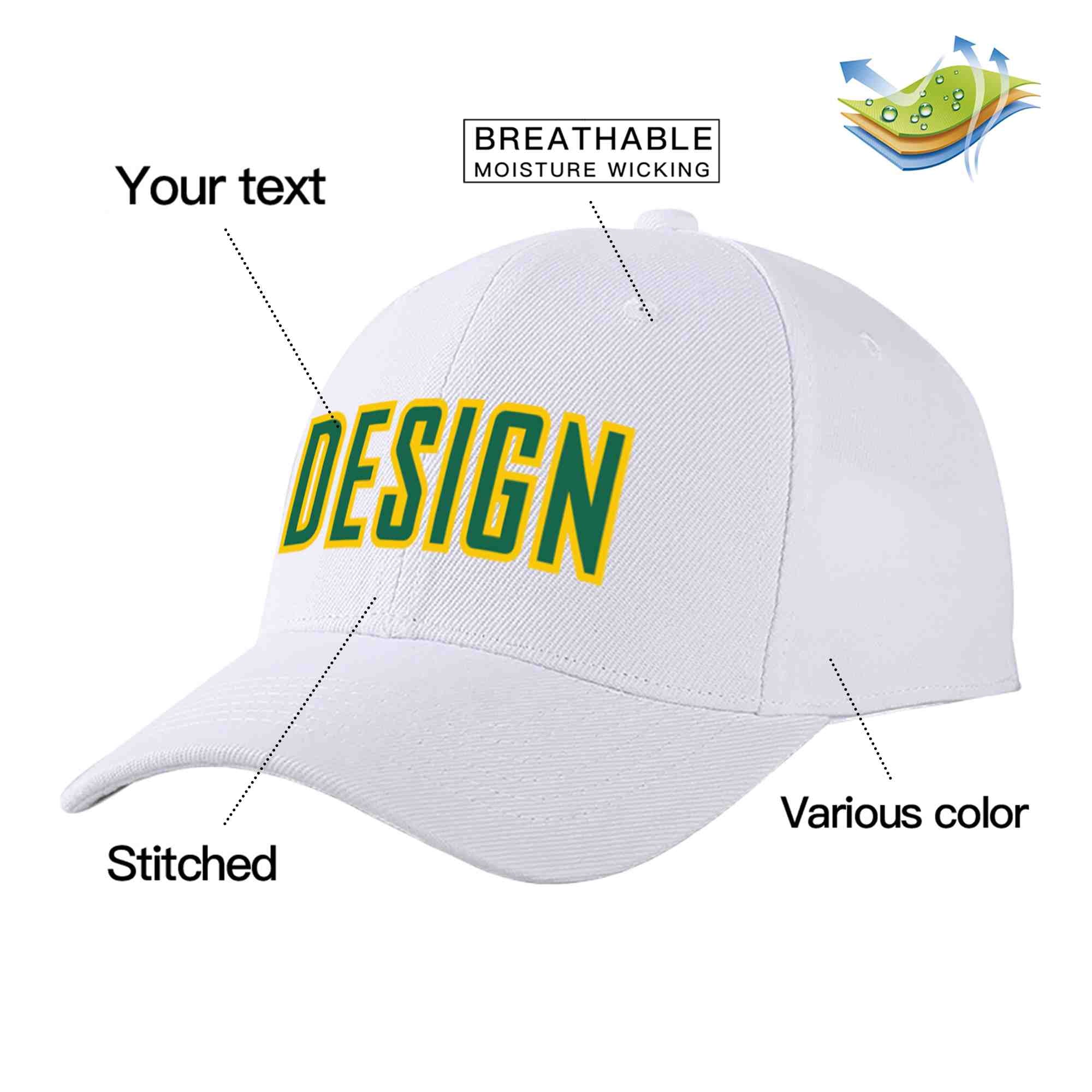 Custom White Kelly Green-Yellow Curved Eaves Sport Design Baseball Cap