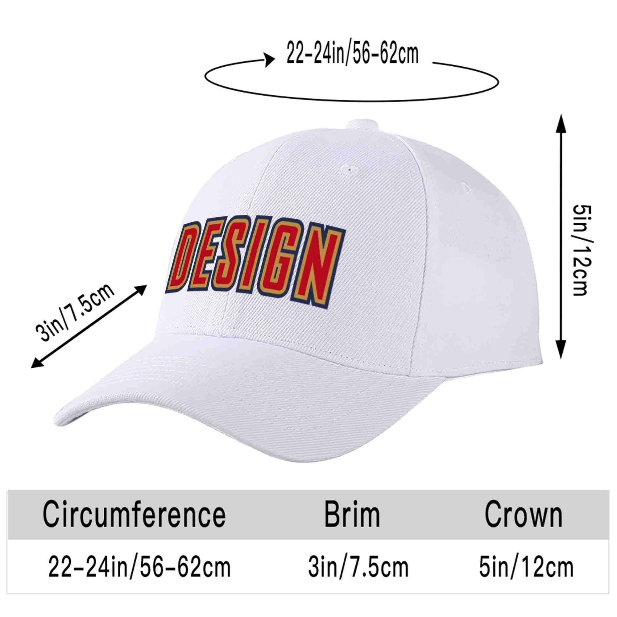 Casquette de baseball personnalisée avec avant-toit incurvé, blanc, rouge et vieux or, design sportif