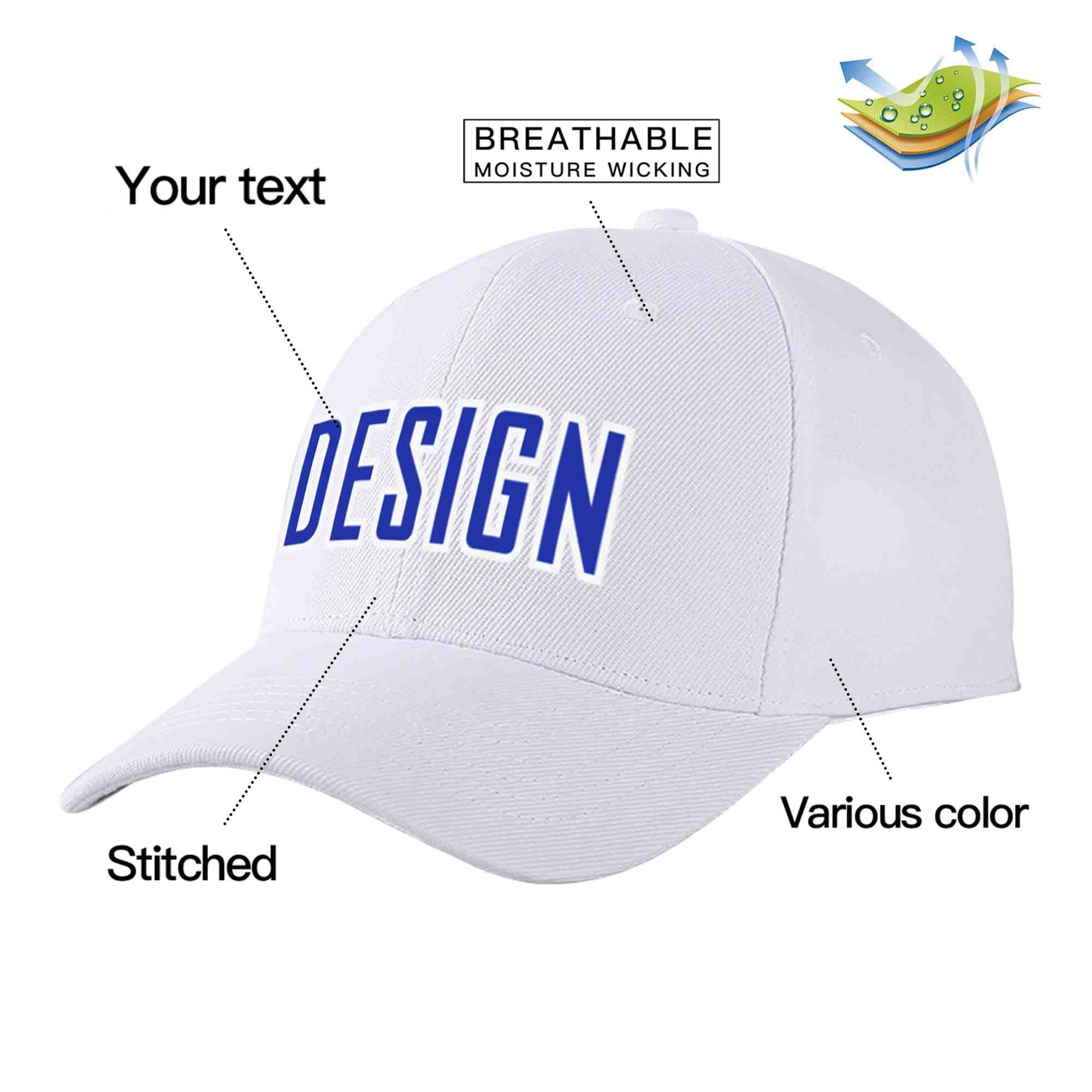 Casquette de baseball personnalisée blanche royale-blanche incurvée Eaves Sport Design