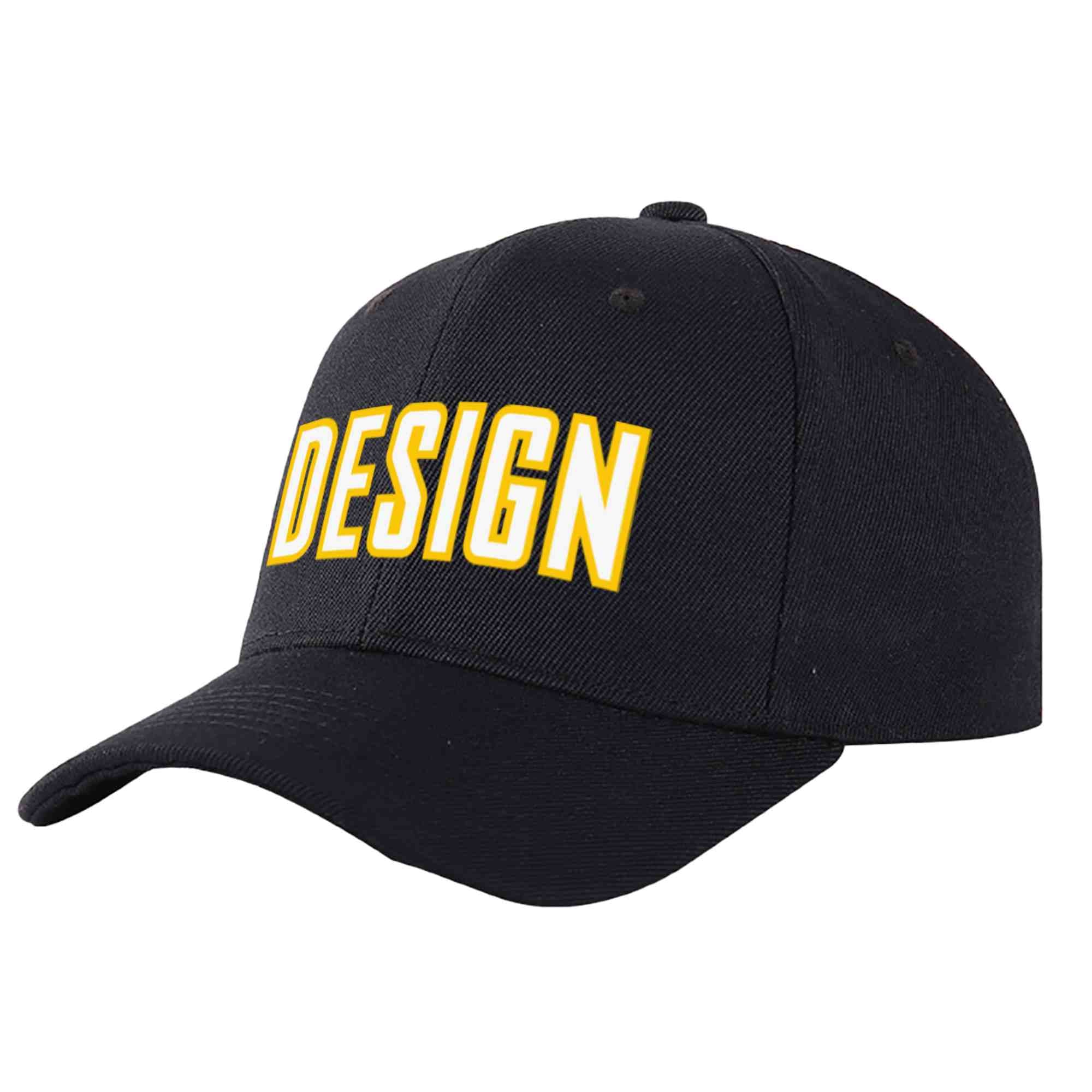 Custom Black White-Gold Curved Eaves Sport Design Baseball Cap