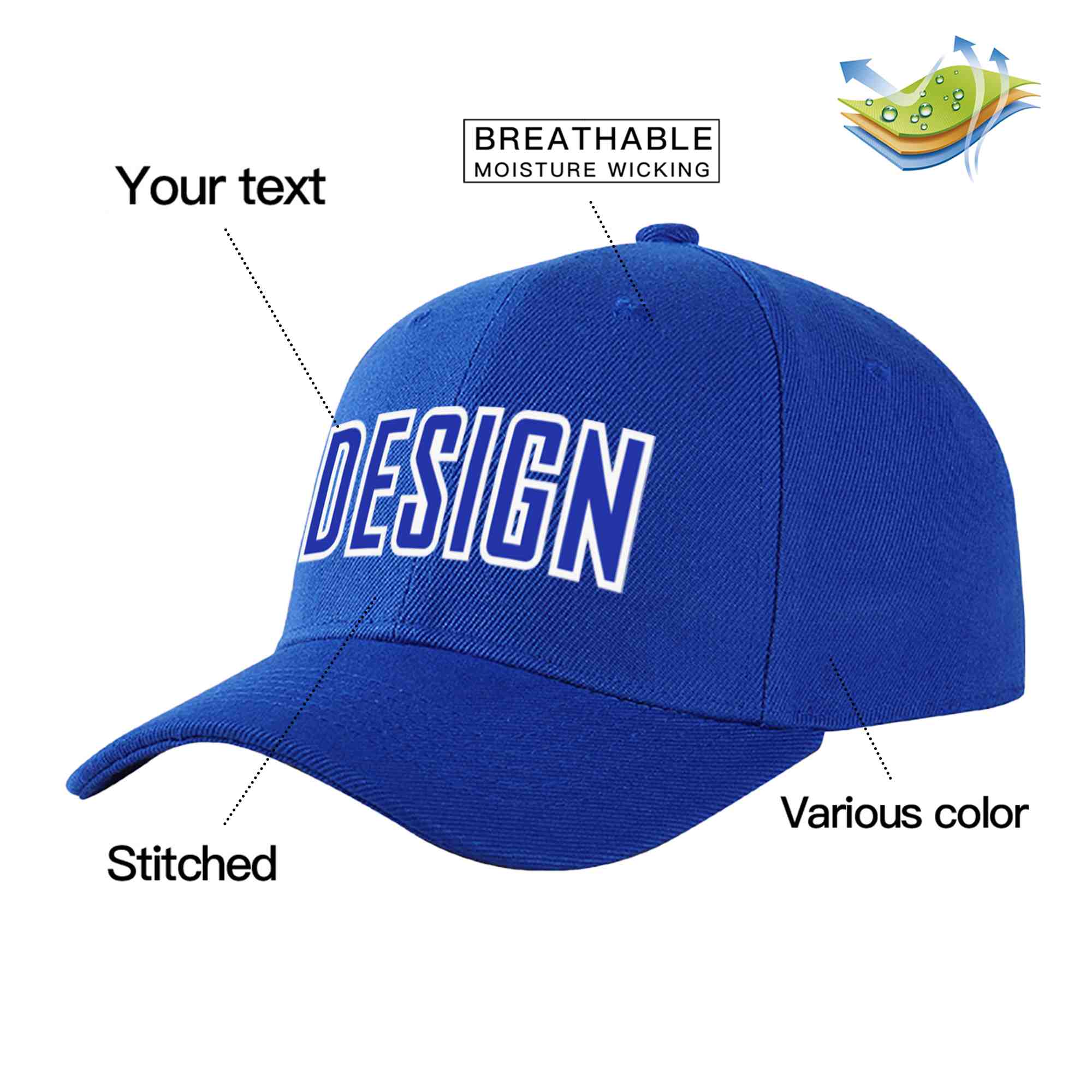 Casquette de baseball personnalisée Royal Royal-White Curved Eaves Sport Design