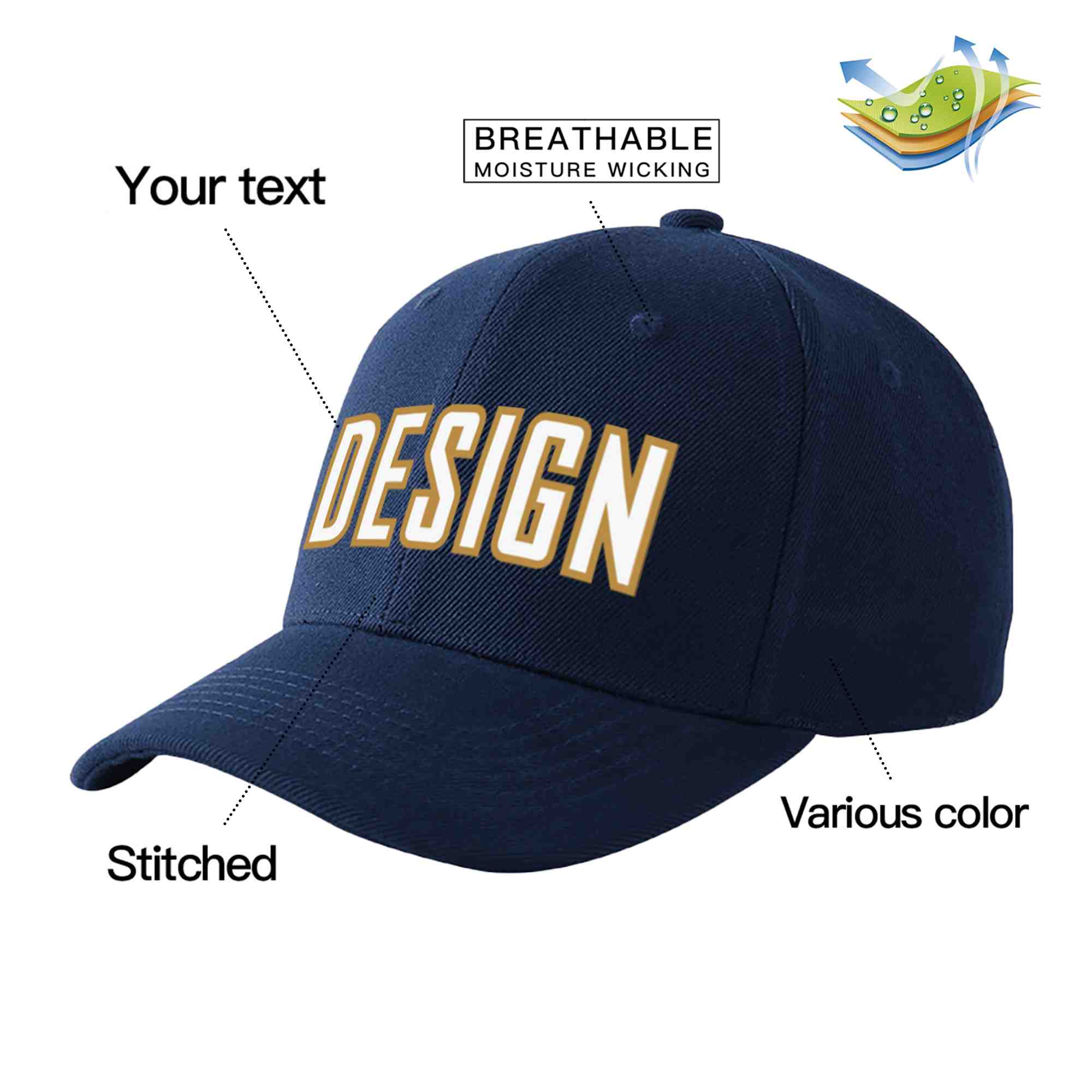 Casquette de baseball personnalisée bleu marine-vieil or incurvée avec avant-toit et design sportif