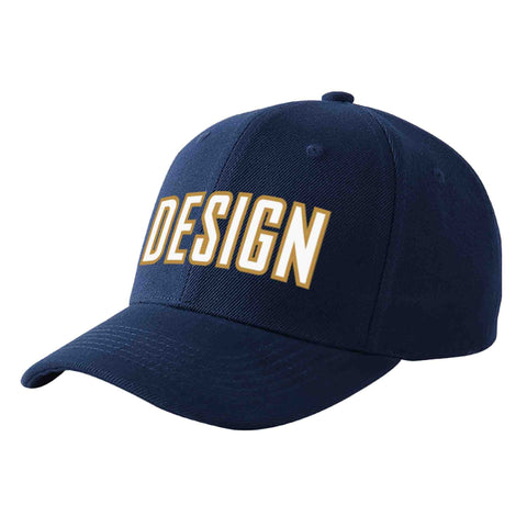 Custom Navy White-Old Gold Curved Eaves Sport Design Baseball Cap