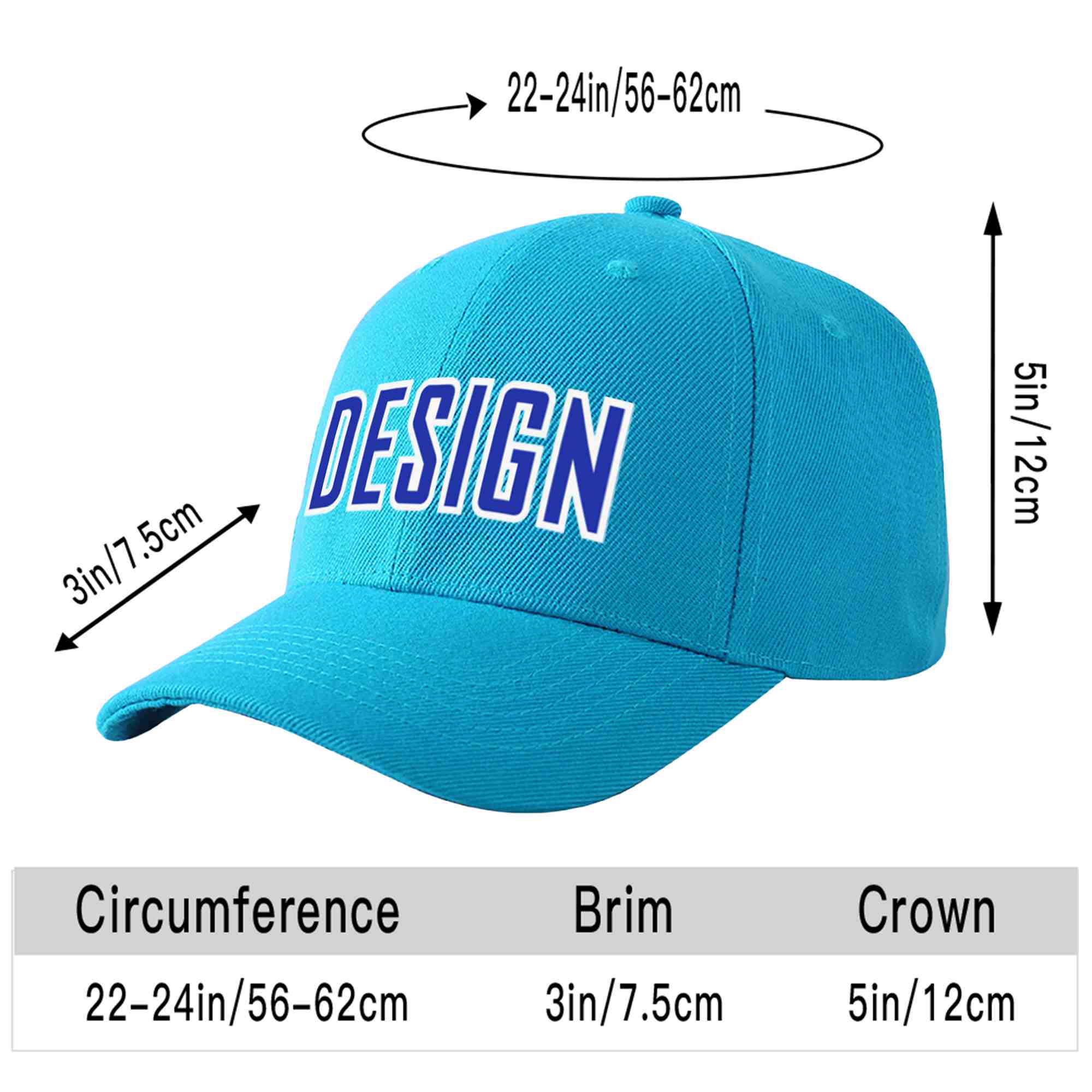 Custom Aqua Royal-White Curved Eaves Sport Design Baseball Cap