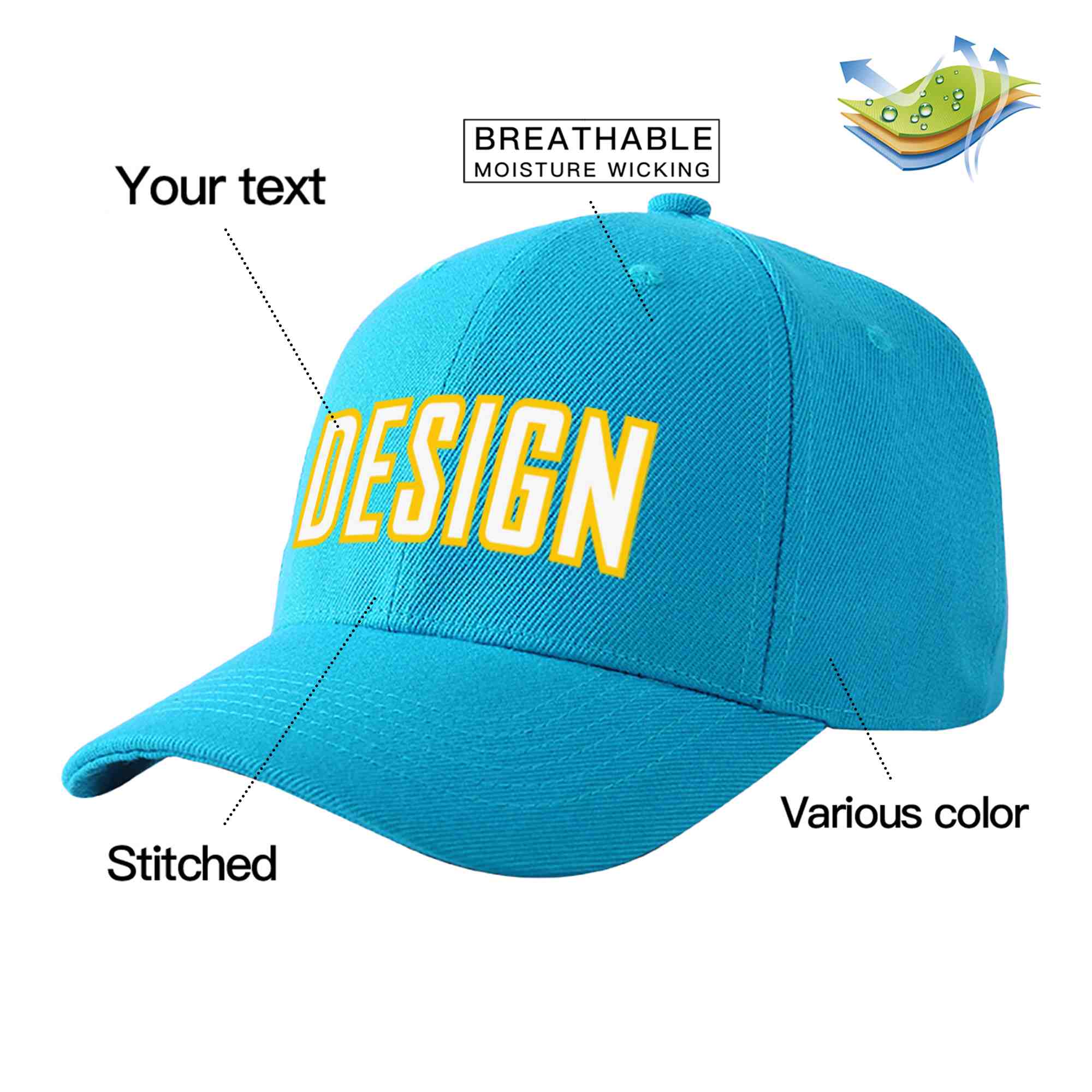 Casquette de baseball personnalisée Aqua White-Gold Curved Eaves Sport Design