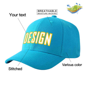 Custom Aqua White-Gold Curved Eaves Sport Design Baseball Cap