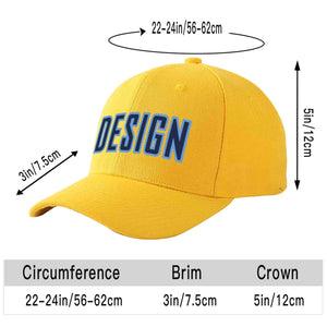 Custom Gold Navy-Light Blue Curved Eaves Sport Design Baseball Cap