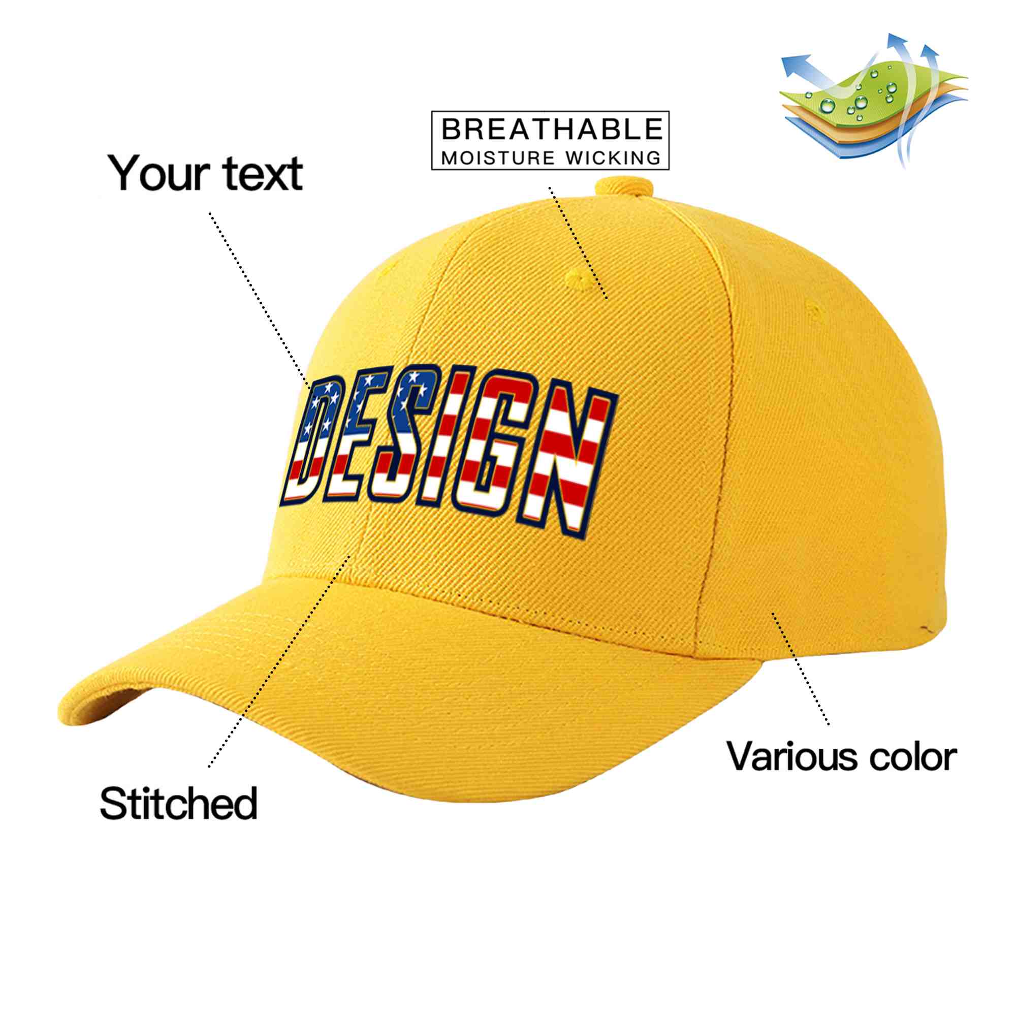 Custom Gold Vintage USA Flag-Gold Curved Eaves Sport Design Baseball Cap