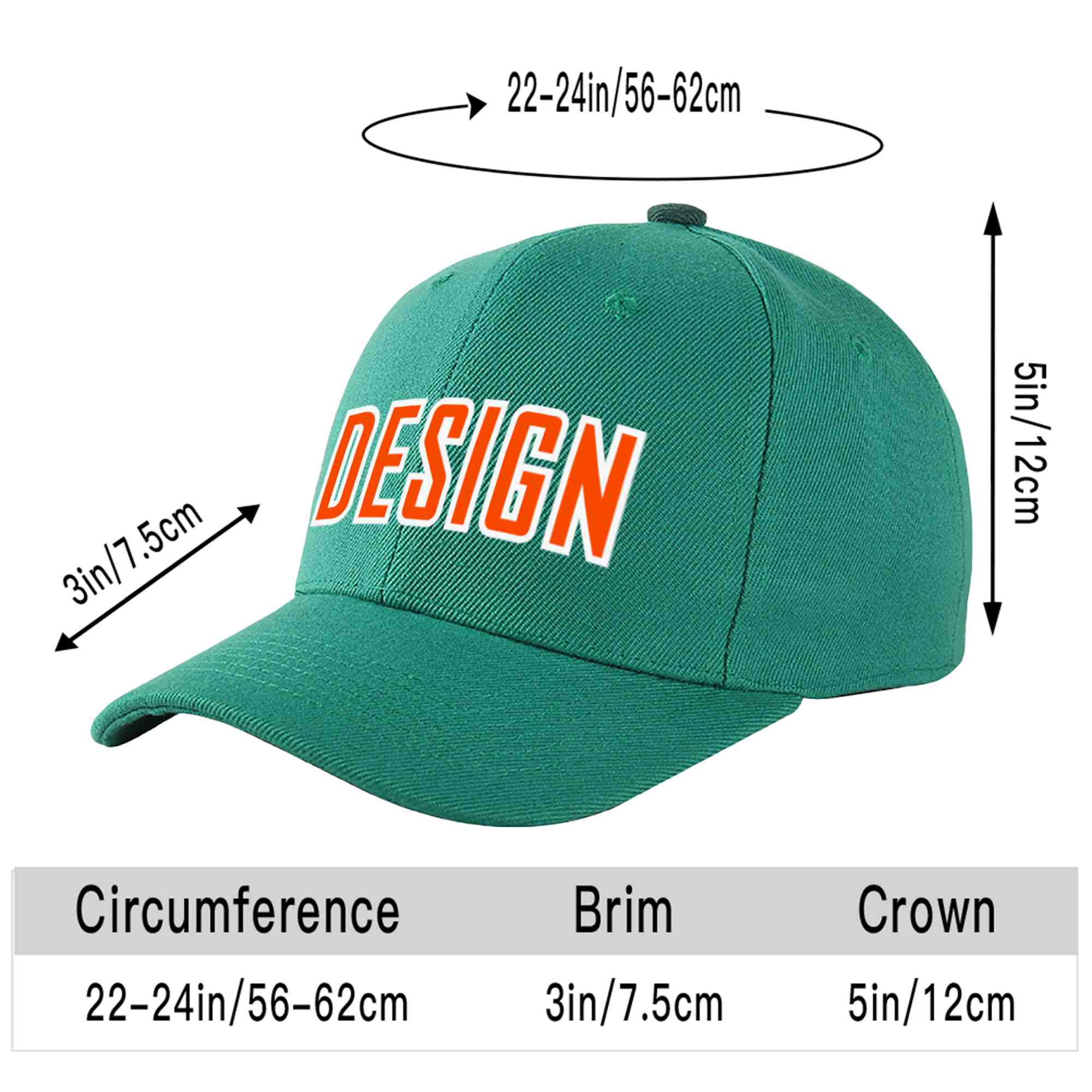 Casquette de baseball incurvée personnalisée vert clair orange-blanc avec avant-toit