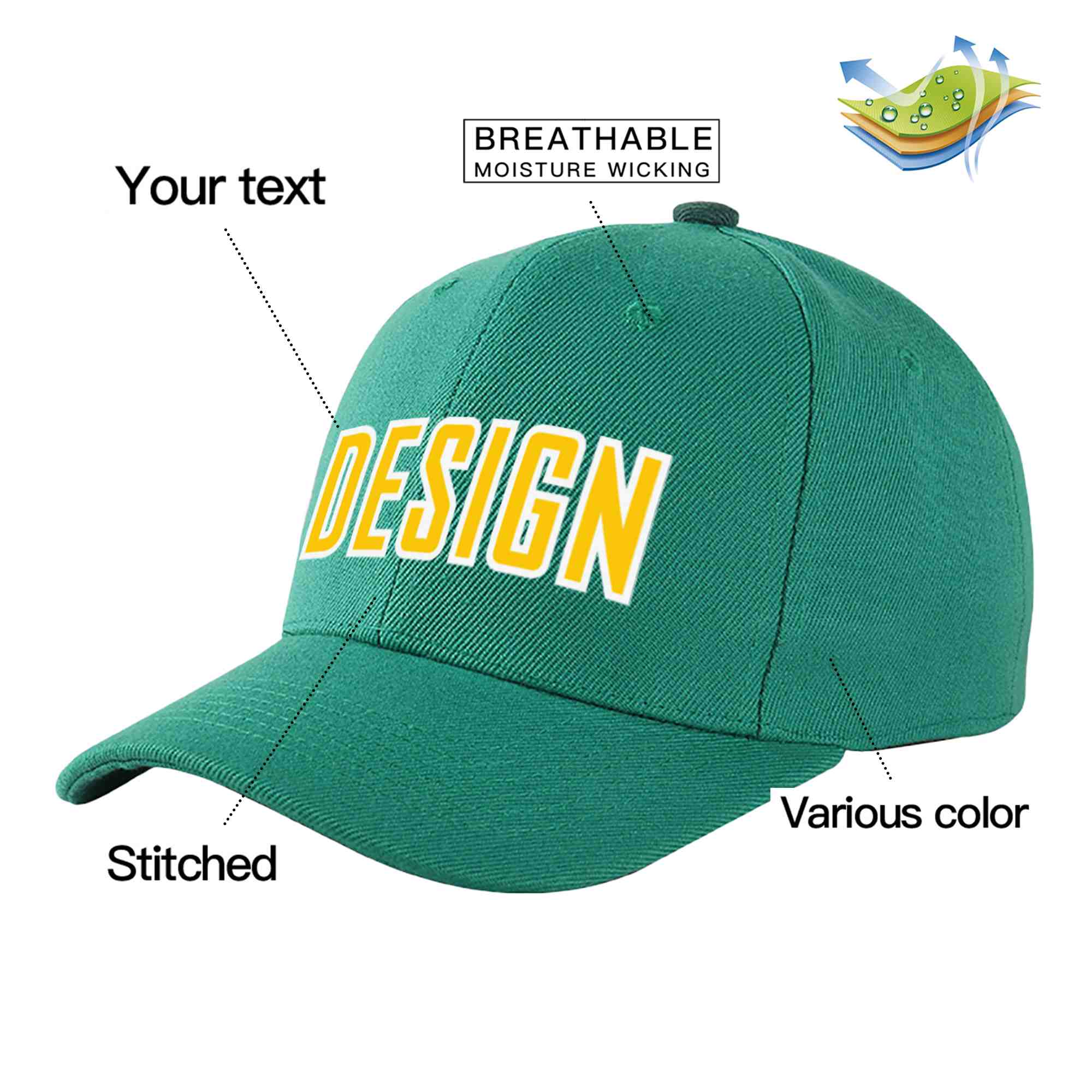 Casquette de baseball personnalisée vert clair or-blanc incurvée Eaves Sport Design