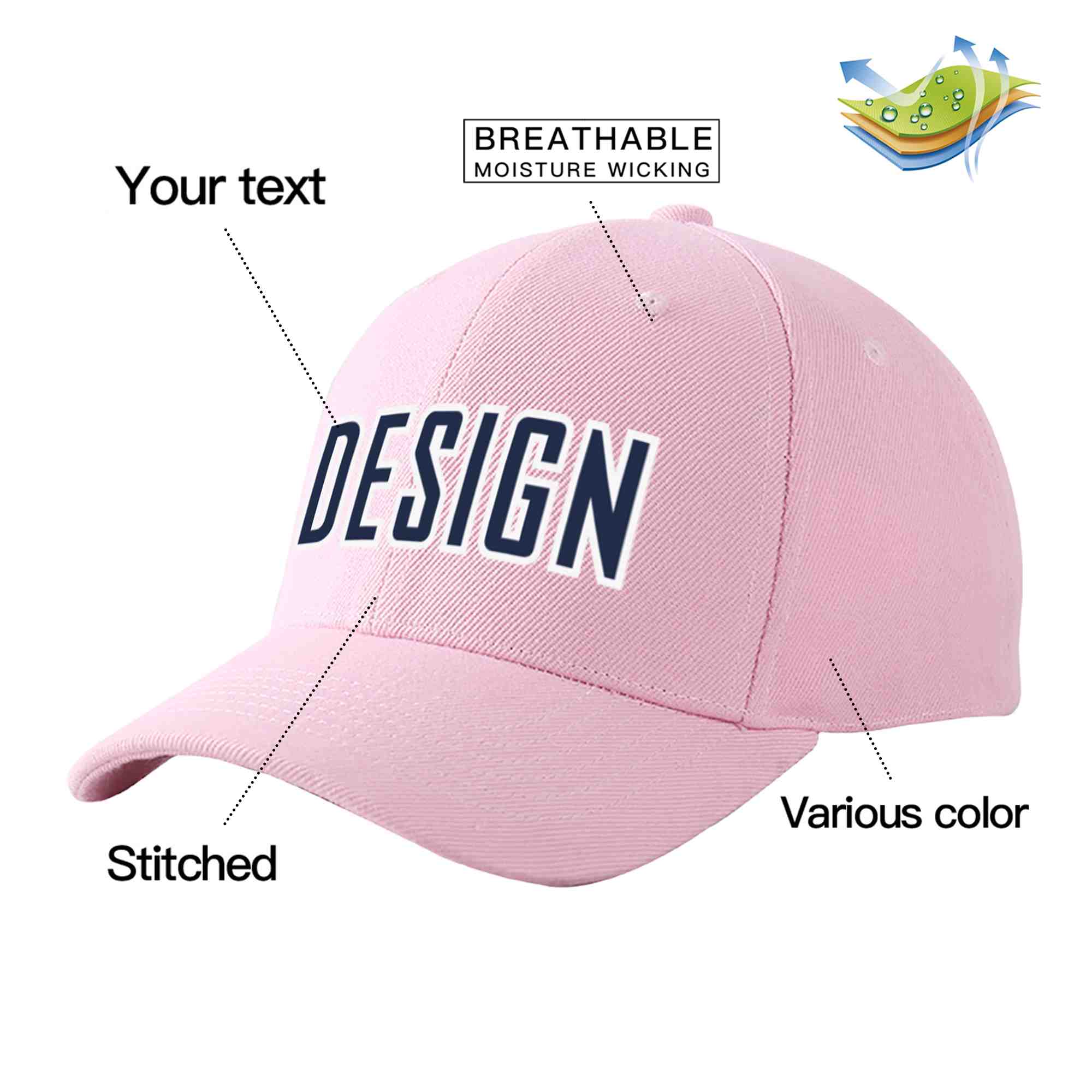 Casquette de baseball personnalisée rose marine-blanc avec avant-toit incurvé