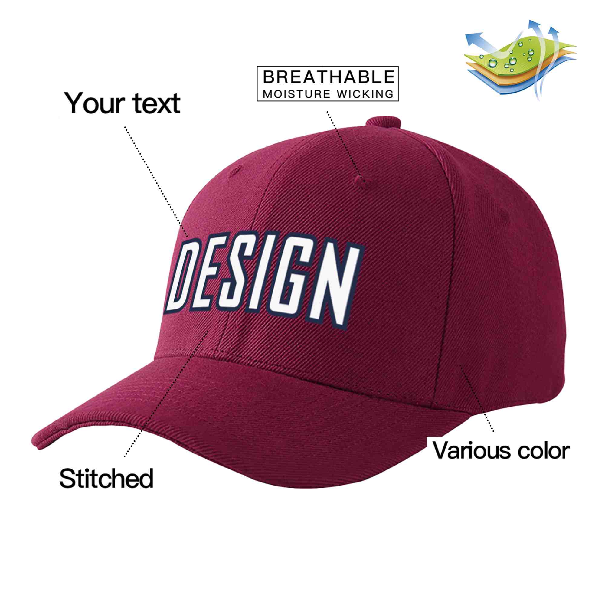 Casquette de baseball incurvée personnalisée, vin rouge, blanc-marine, Eaves Sport Design