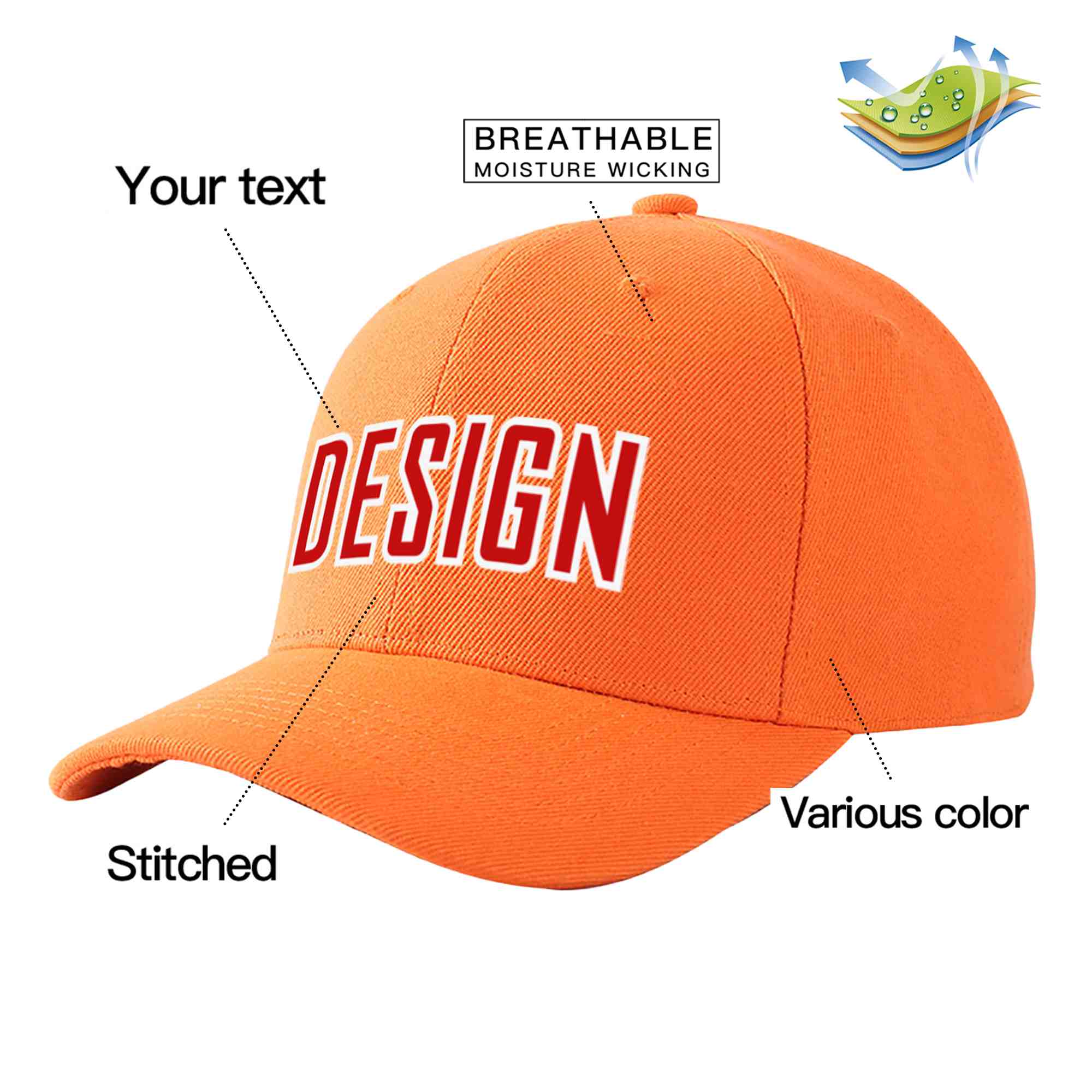 Custom Orange Red-White Curved Eaves Sport Design Baseball Cap