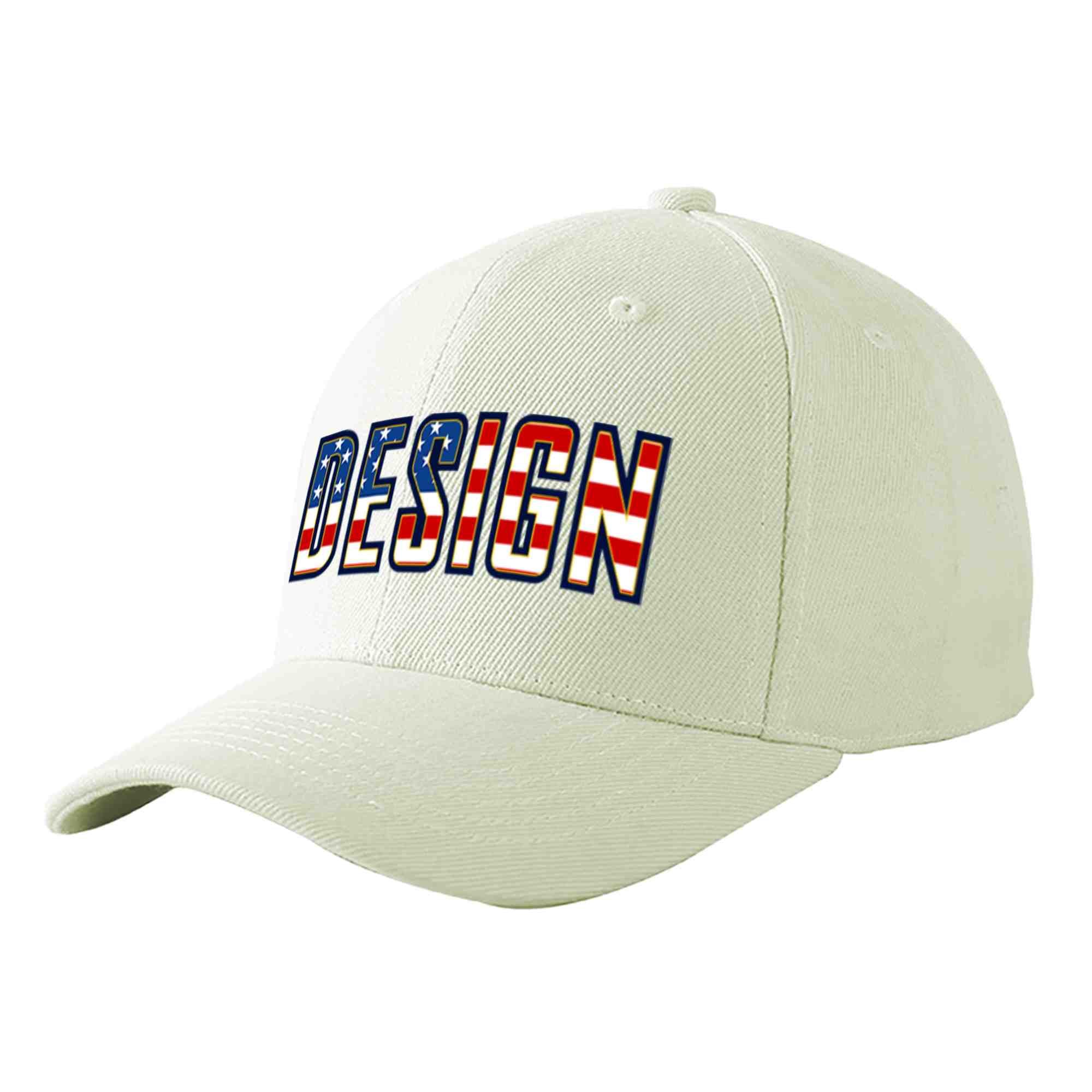 Casquette de baseball personnalisée crème vintage avec drapeau américain et avant-toit incurvé doré