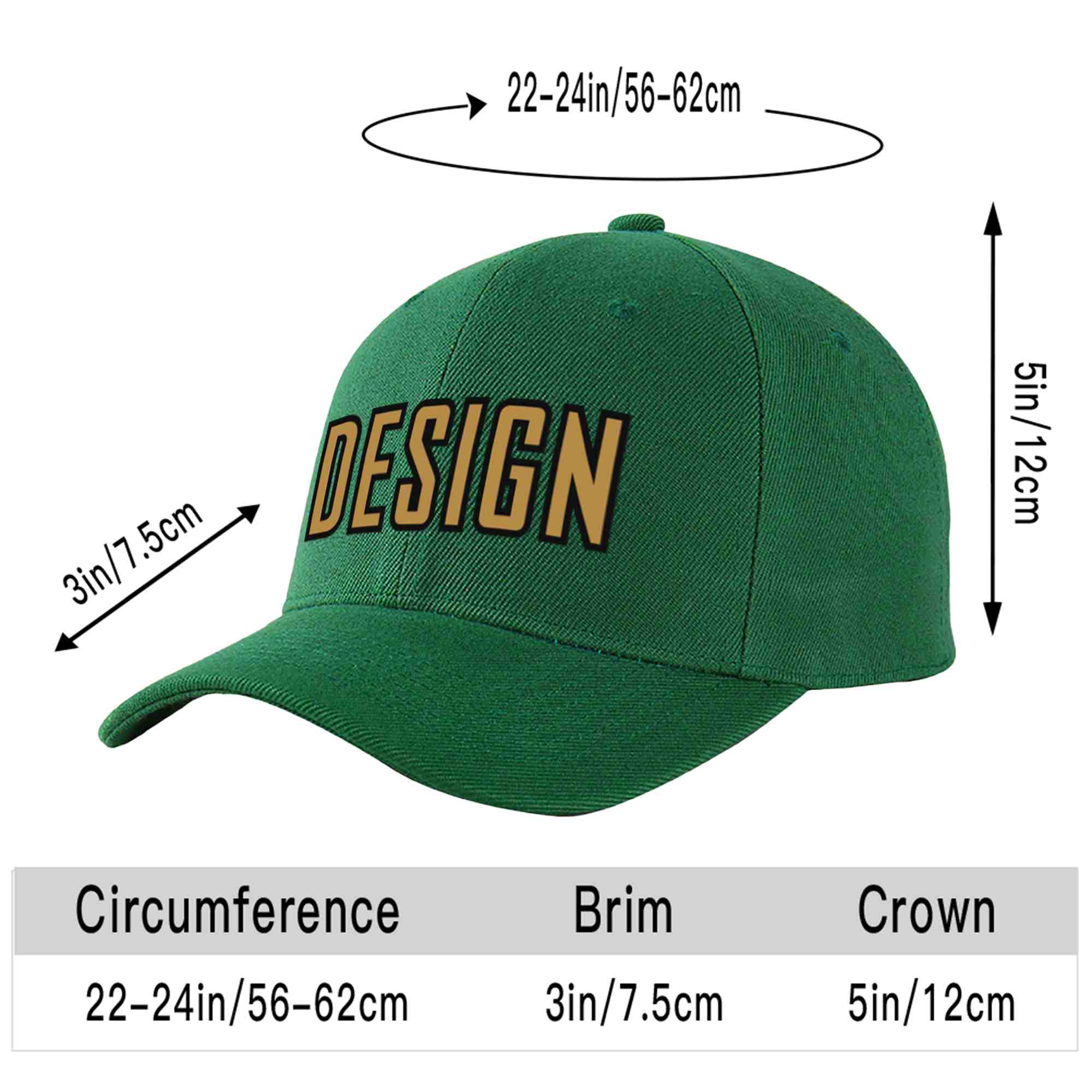 Custom Green Old Gold-Black Curved Eaves Sport Design Baseball Cap